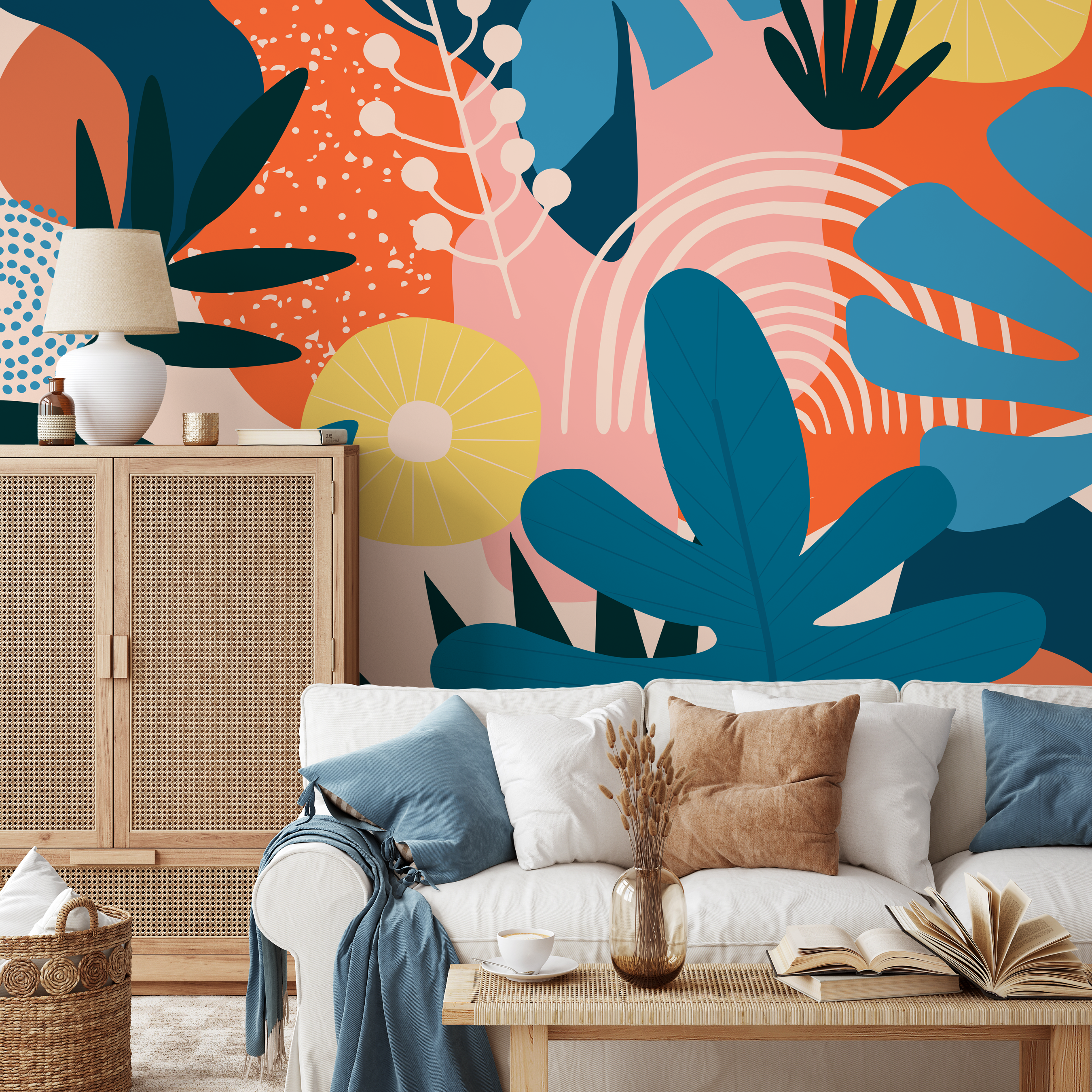 Abstract Wallpaper With A Collage Of Botanical Shapes In Blue, Orange, And Pink - C085