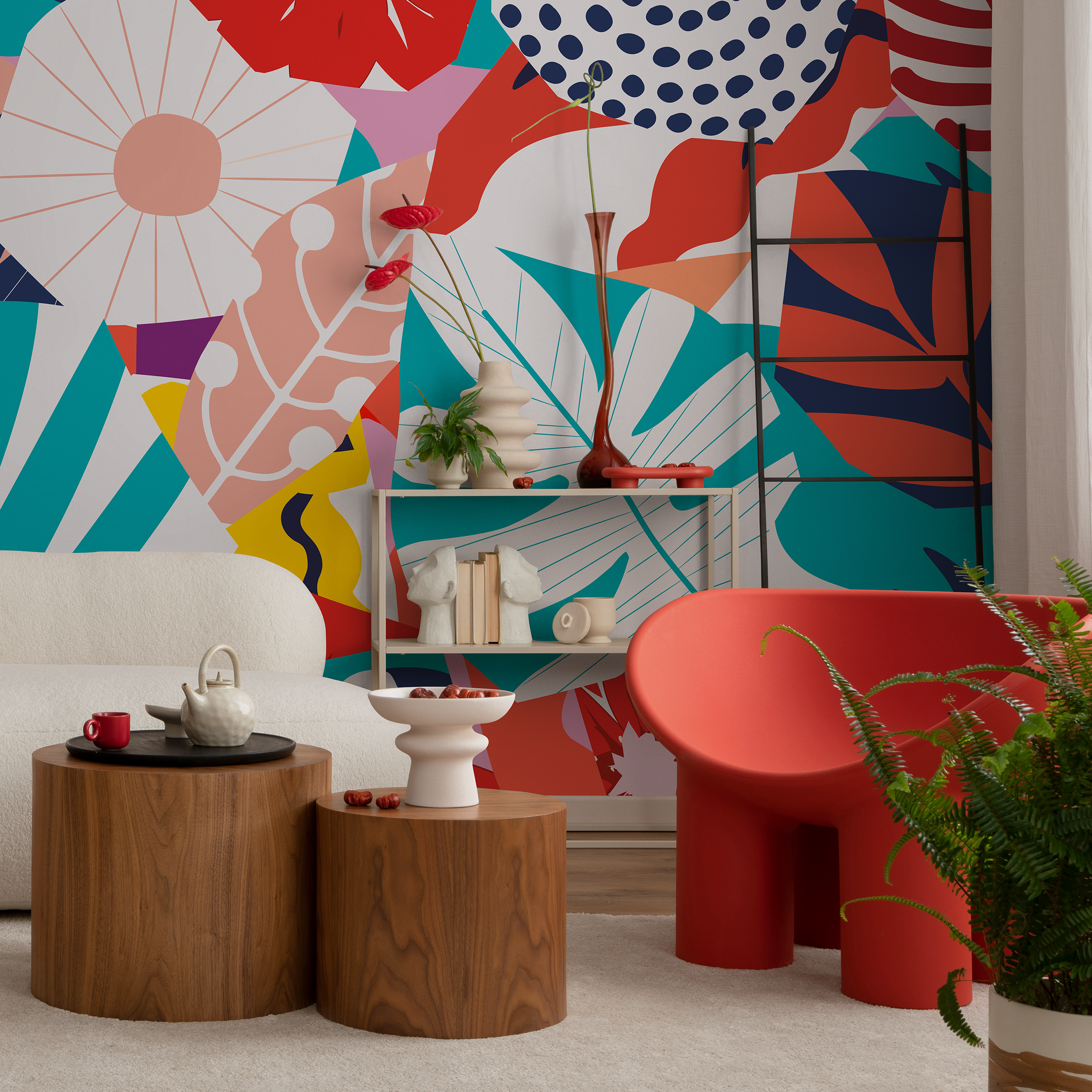 Abstract Wallpaper With Bold Floral Shapes In Red, Teal, And Blue - C086