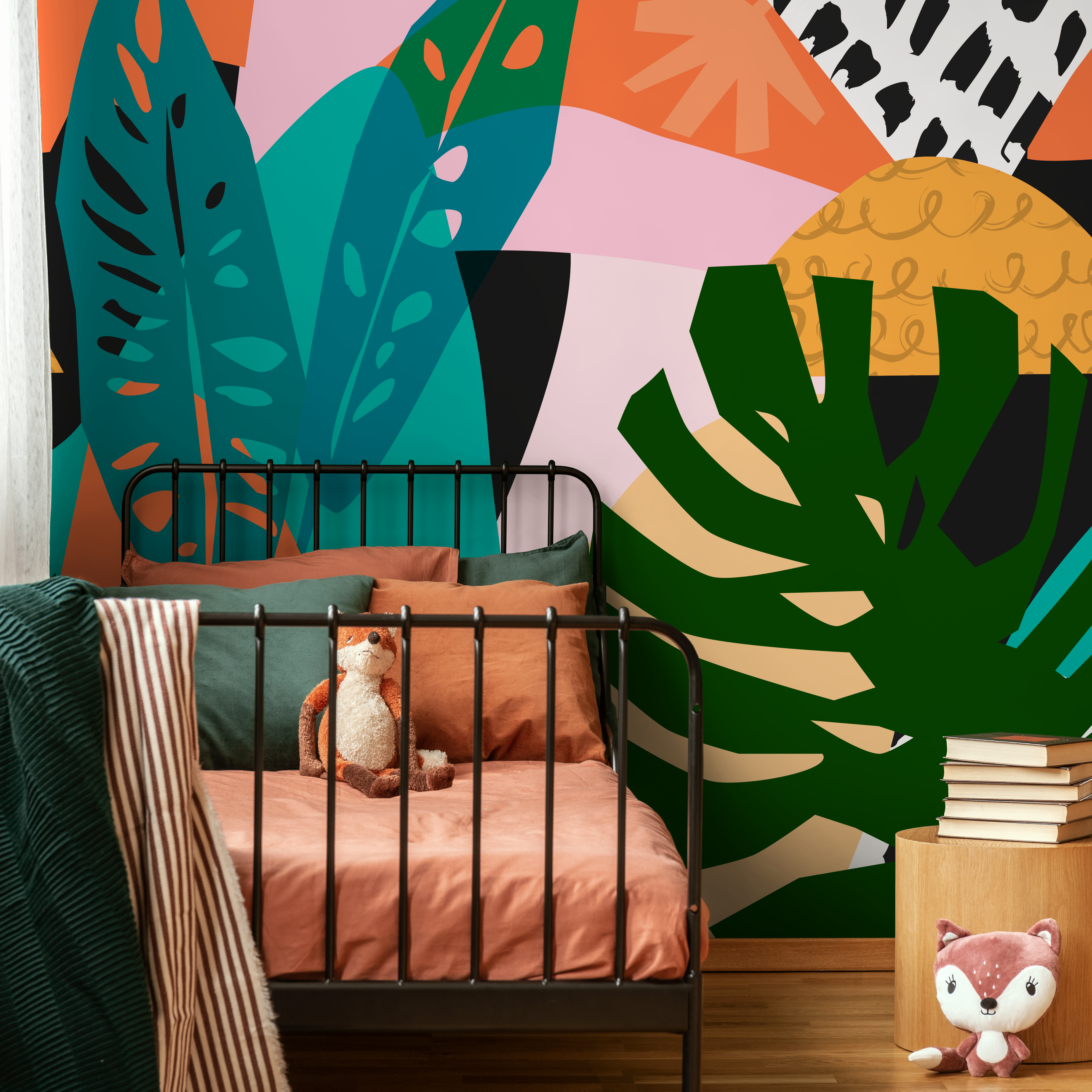 Abstract Wallpaper With A Tropical Leaf Collage In Green, Orange, And Teal - C087