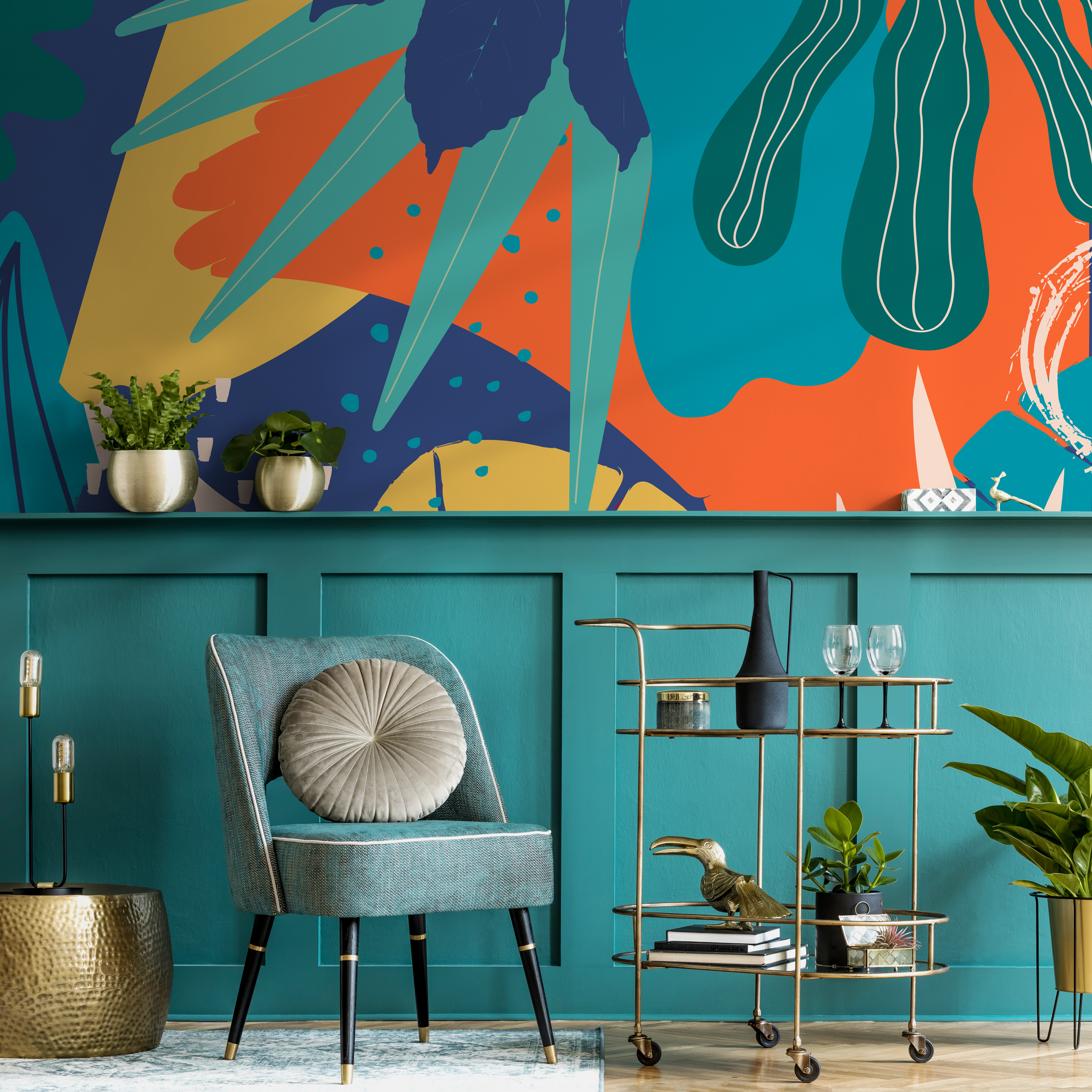 Abstract Wallpaper With A Modern Jungle Motif In Blue, Yellow, And Orange - C088