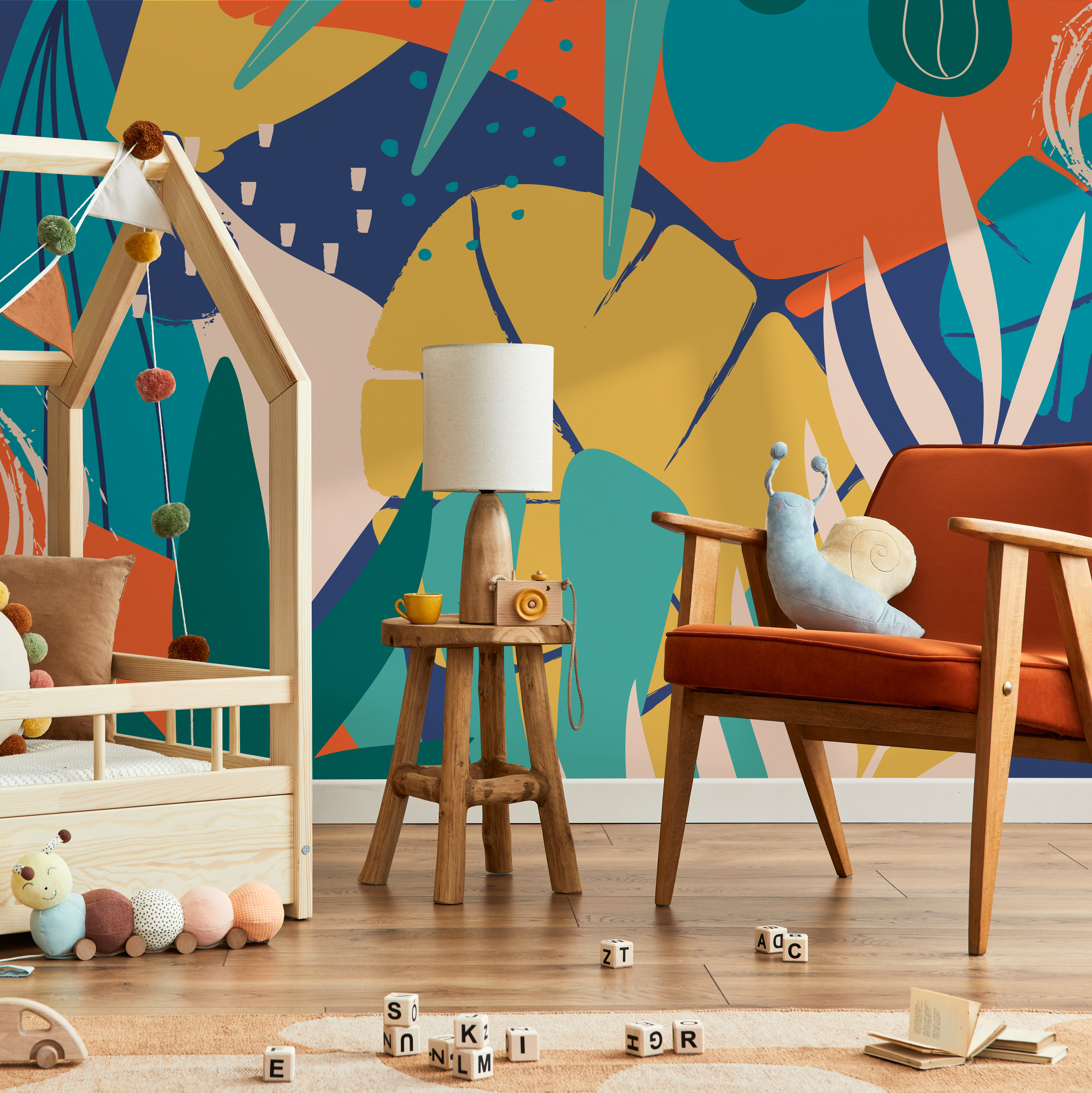 Abstract Wallpaper With A Modern Jungle Motif In Blue, Yellow, And Orange - C088