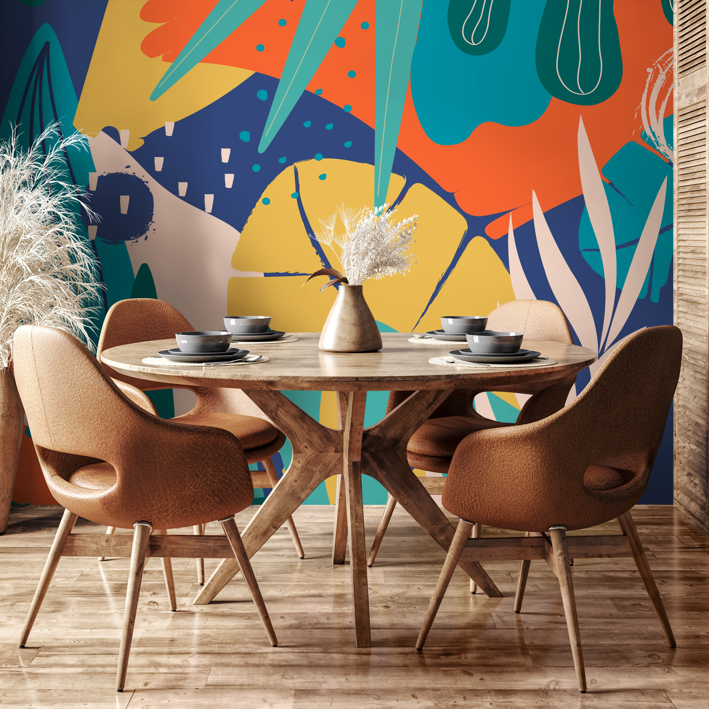 Abstract Wallpaper With A Modern Jungle Motif In Blue, Yellow, And Orange - C088