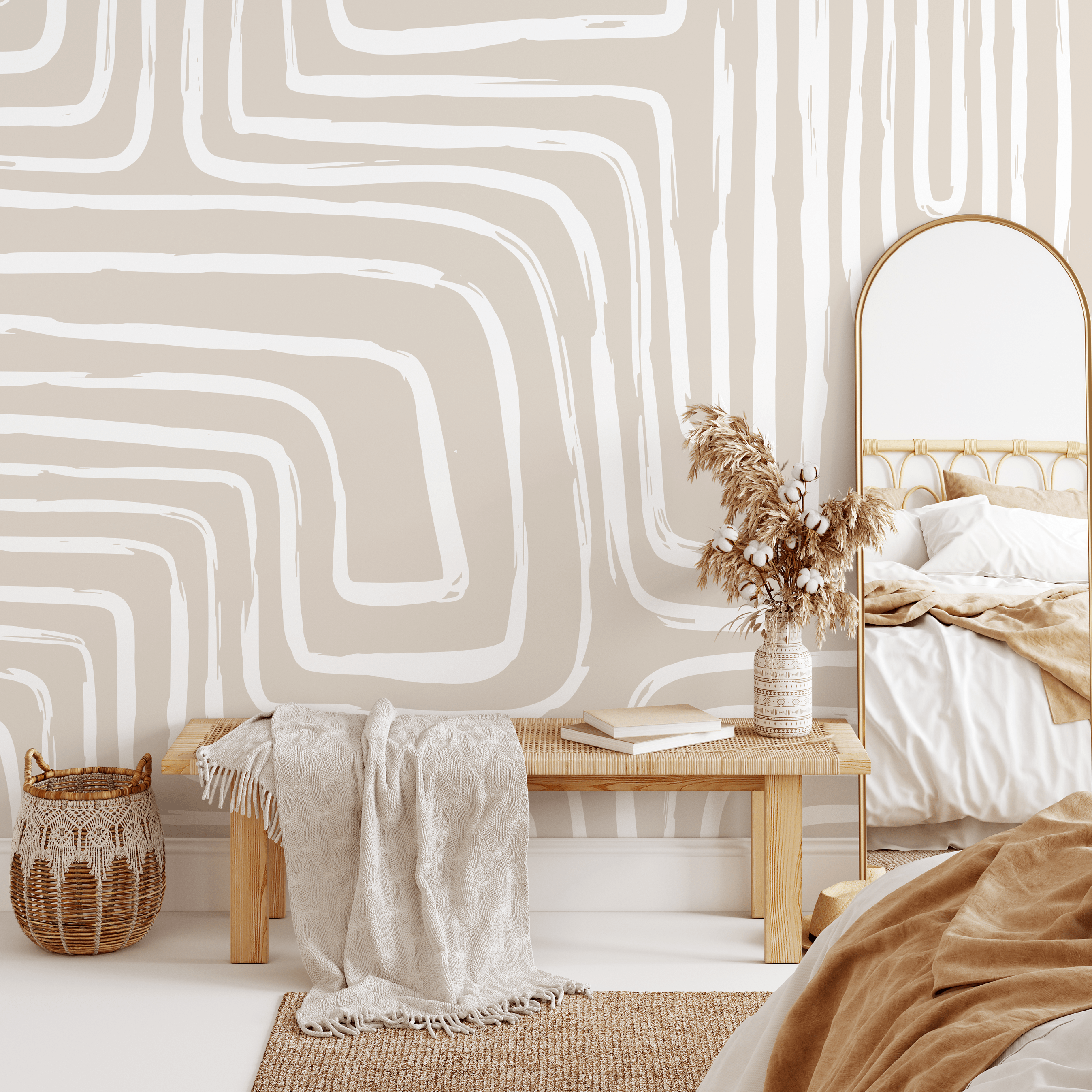 Abstract Wallpaper With Curved Brushstroke Lines In Beige And White - C089