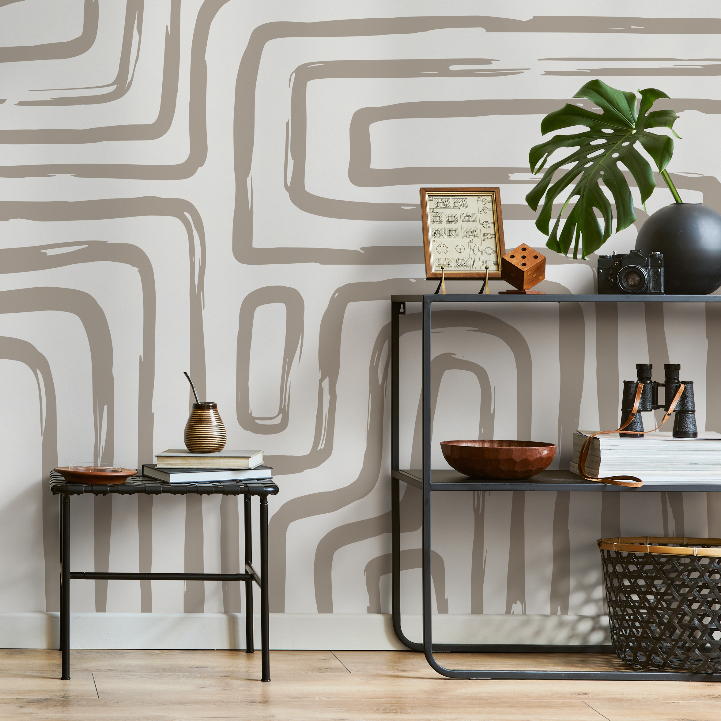 Abstract Wallpaper With Brushstroke Geometric Lines In Beige - C090