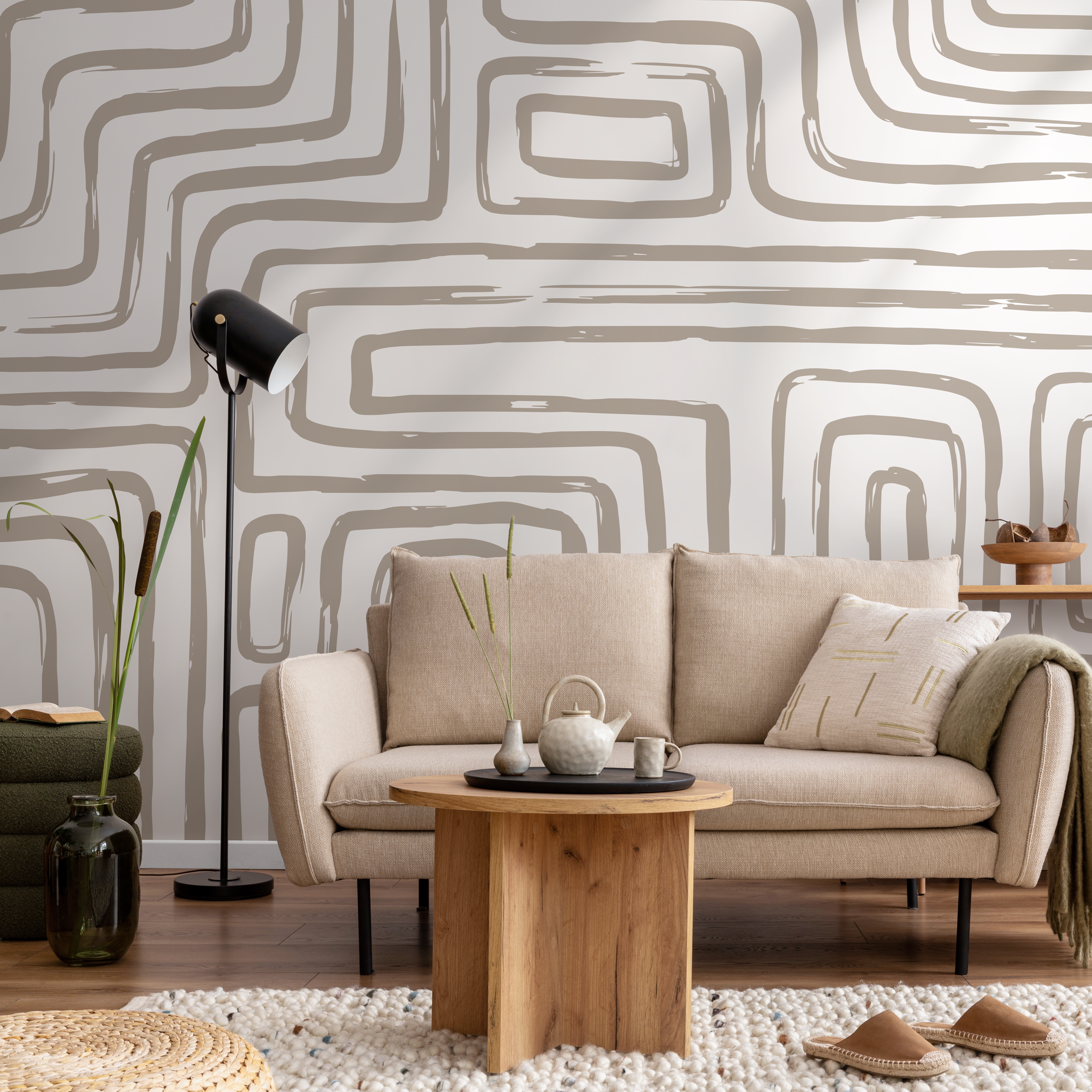 Abstract Wallpaper With Brushstroke Geometric Lines In Beige - C090