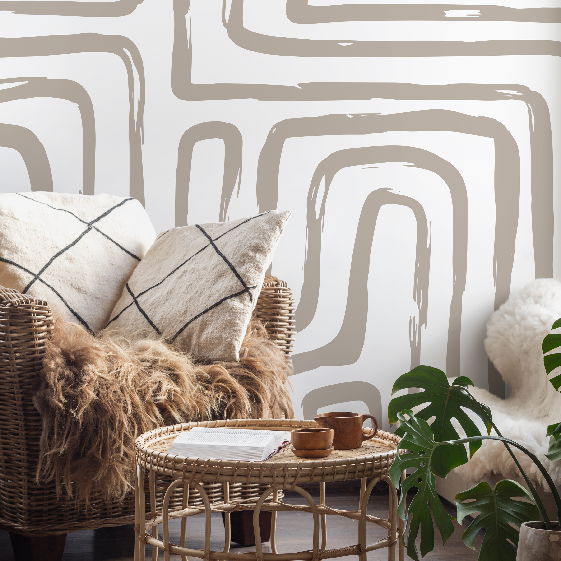 Abstract Wallpaper With Brushstroke Geometric Lines In Beige - C090