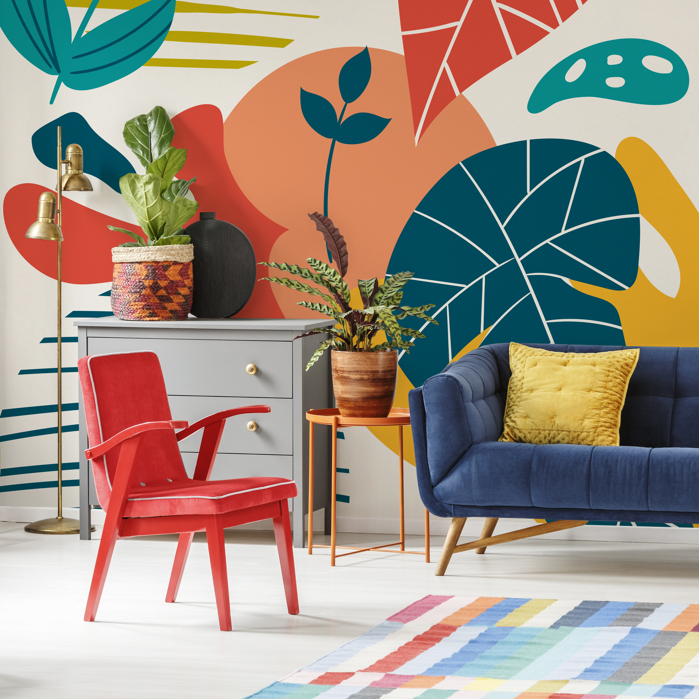 Abstract Wallpaper With Modern Organic Shapes In Teal, Yellow, And Red-orange - C092