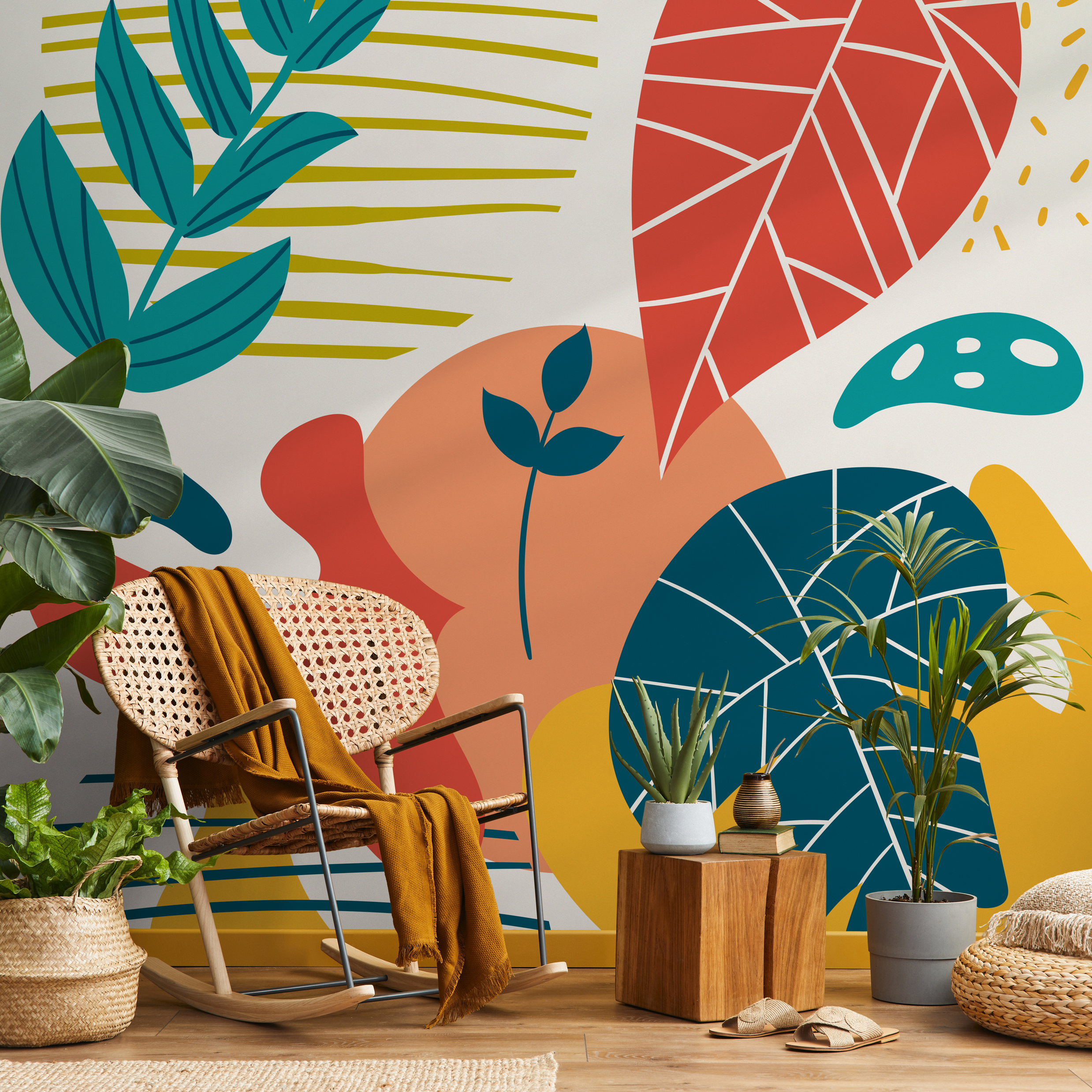 Abstract Wallpaper With Modern Organic Shapes In Teal, Yellow, And Red-orange - C092