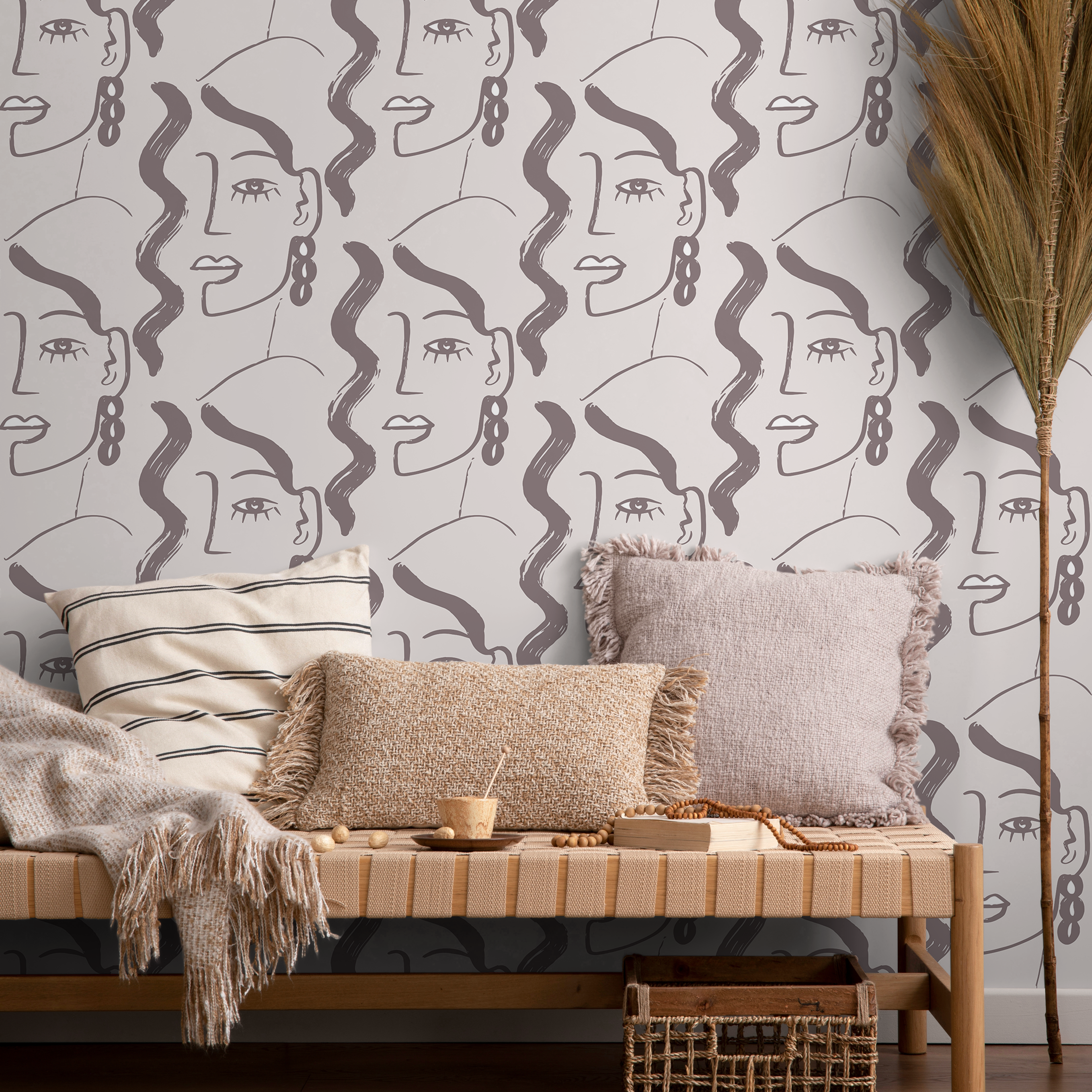 Abstract Wallpaper With A Minimalist Face Motif In Taupe And Light Gray - C093