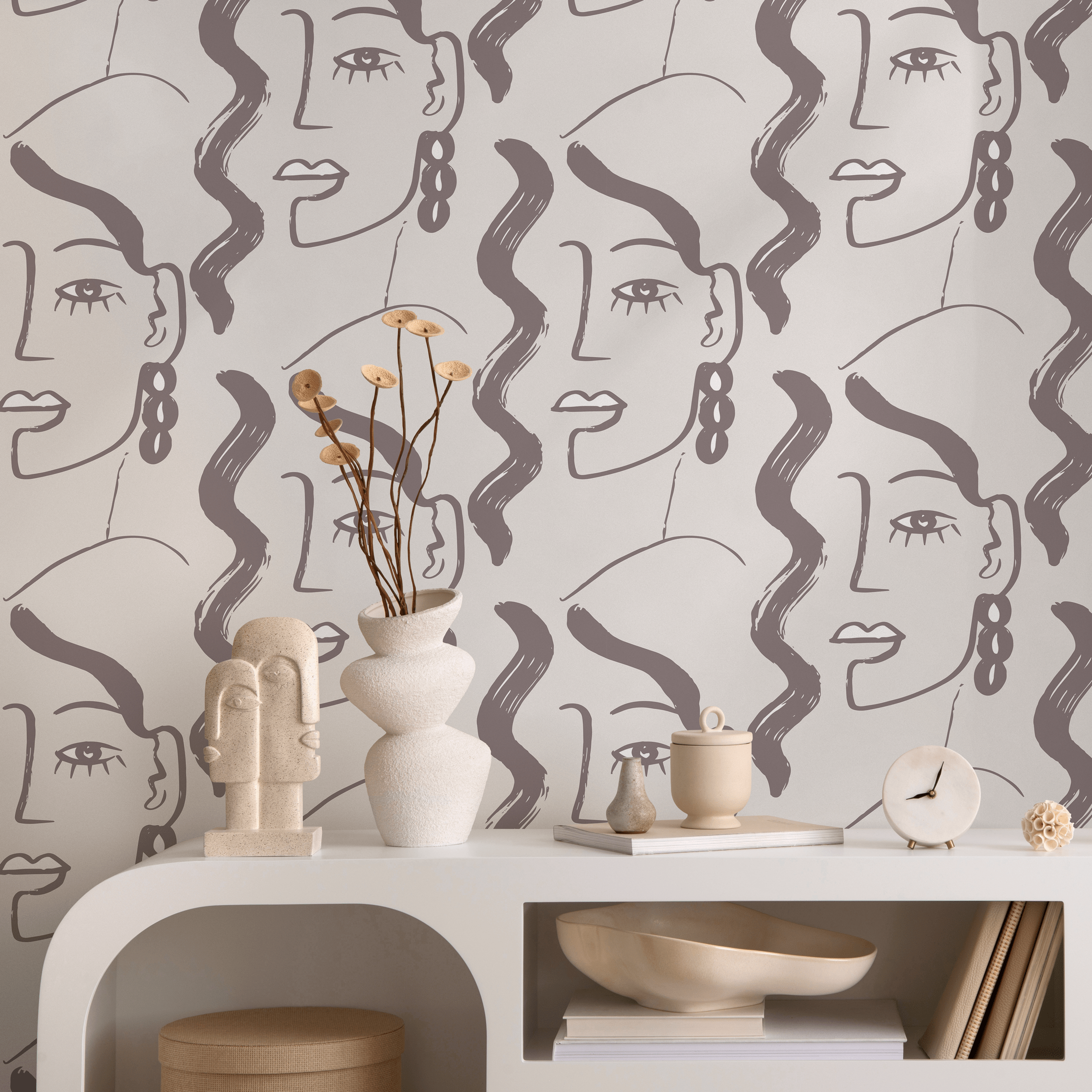 Abstract Wallpaper With A Minimalist Face Motif In Taupe And Light Gray - C093