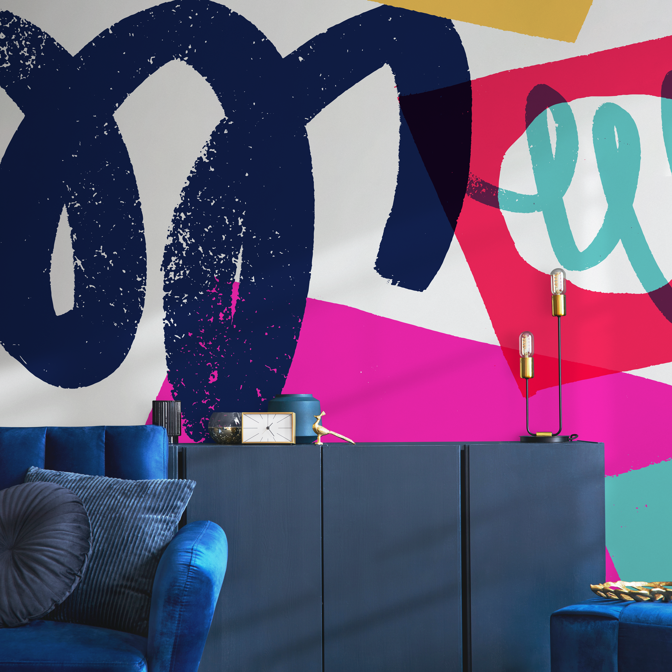 Abstract Wallpaper With Bold Brushstrokes In Navy Blue, Pink, And Teal - C094