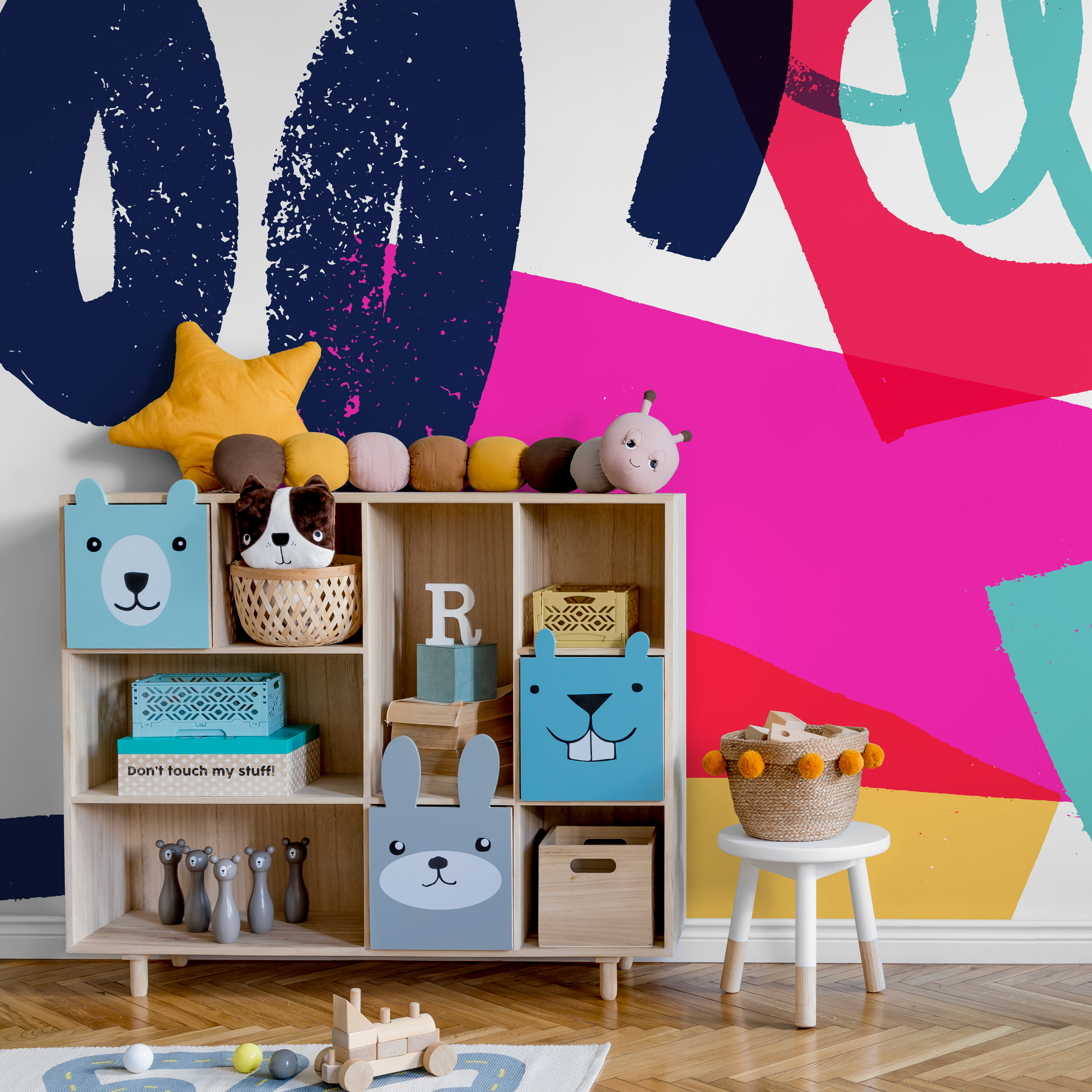 Abstract Wallpaper With Bold Brushstrokes In Navy Blue, Pink, And Teal - C094