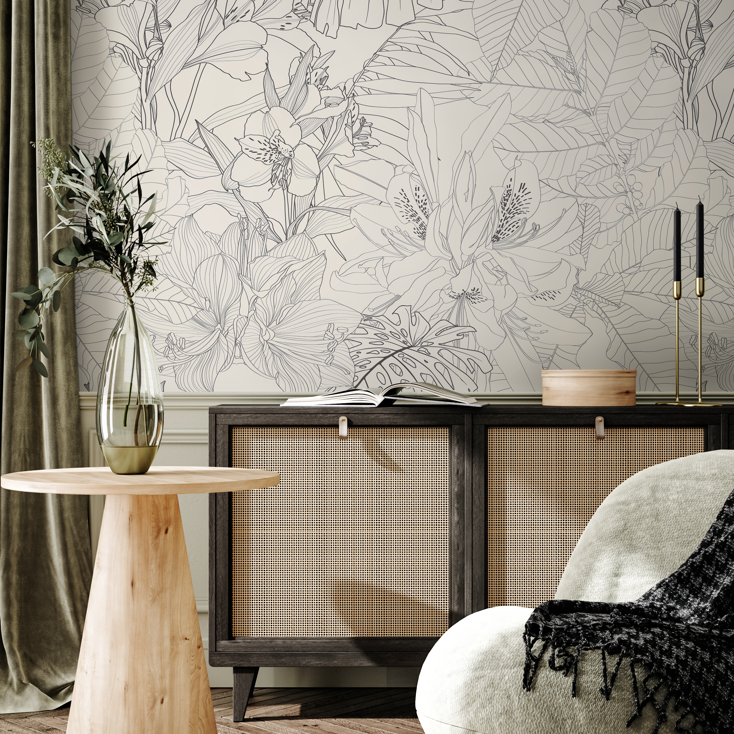 Floral Wallpaper With A Tropical Line Art Motif In Gray And Cream - C095