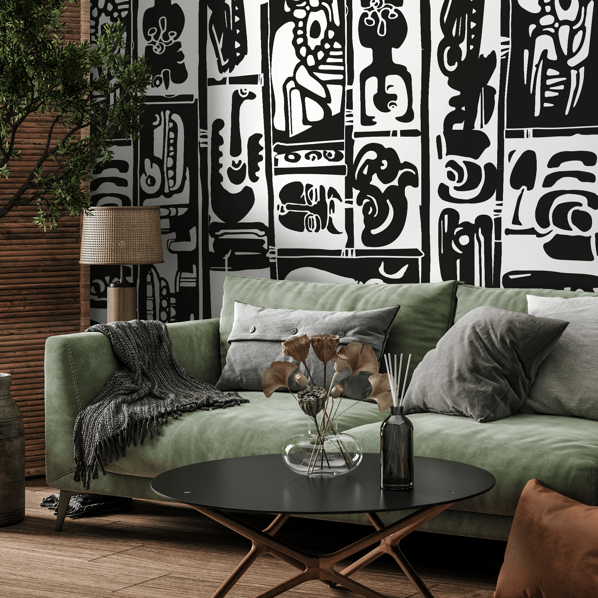 Abstract Wallpaper With Primitive Art Panels In Black And White - As1-c099