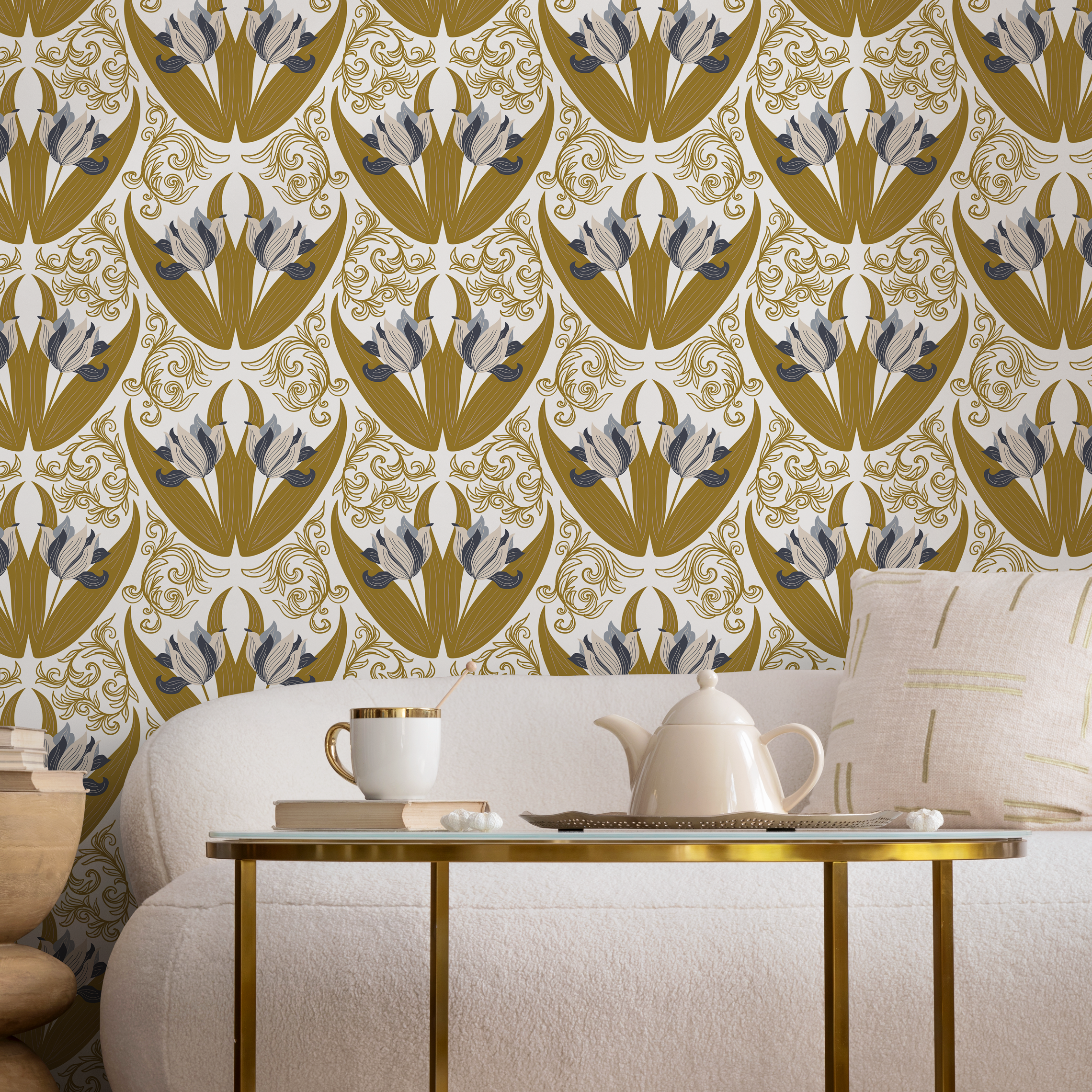 Art Nouveau Wallpaper With A Stylized Tulip Damask In Gold, Blue, And Grey - C100