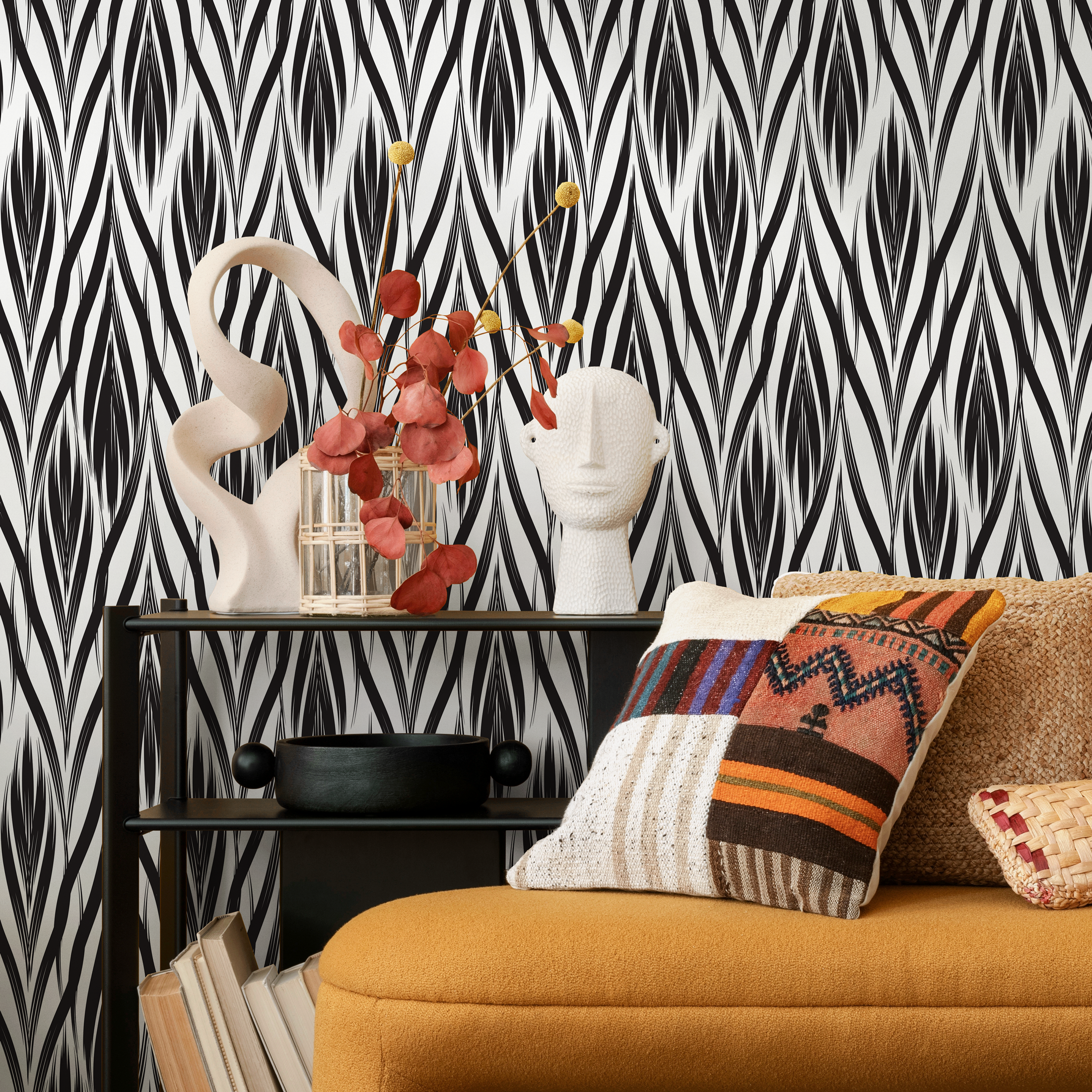 Art Deco Wallpaper With Sweeping Brush Strokes In Black And White - C101