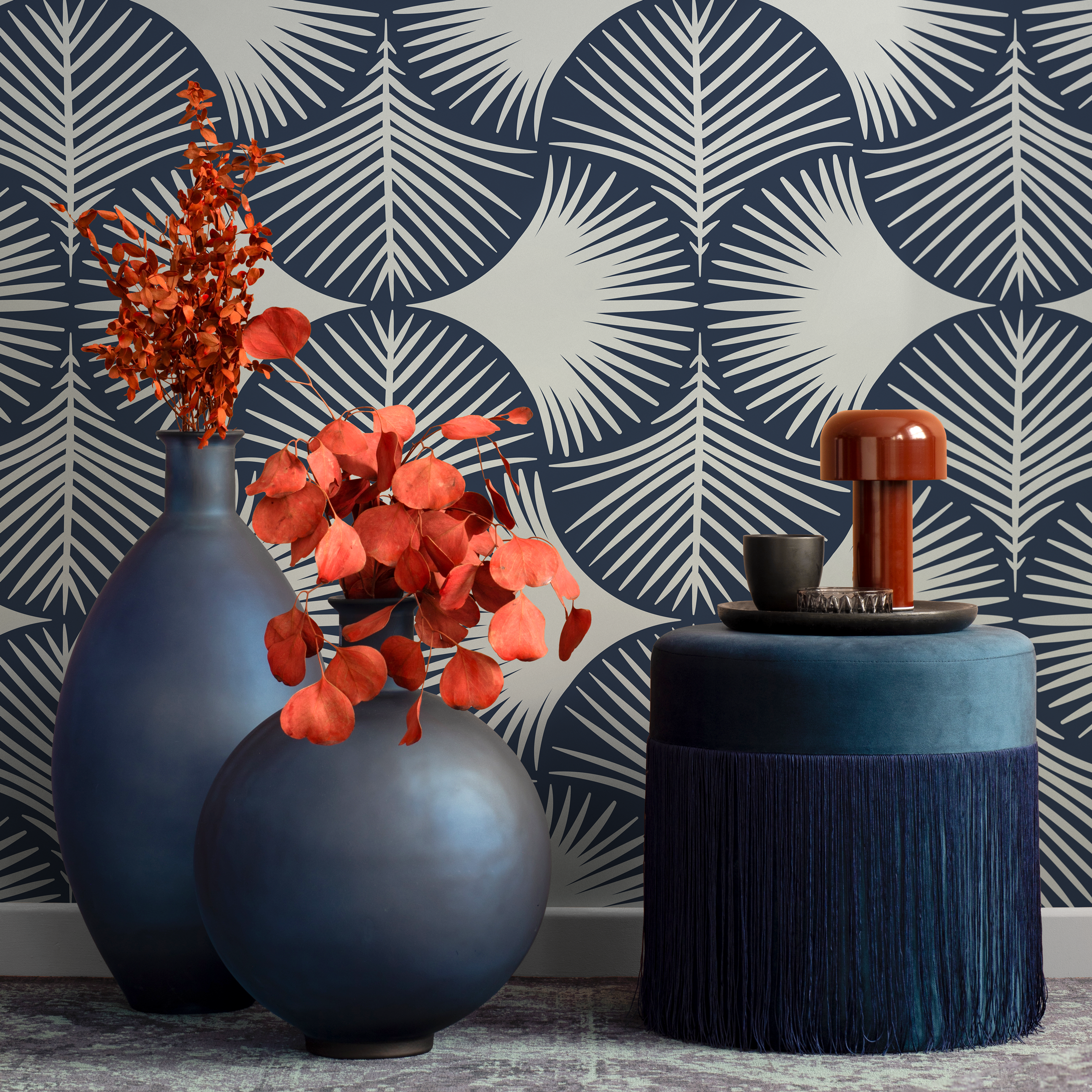 Art Deco Wallpaper With A Stylized Palm Leaf Motif In Navy Blue And Cream - C102