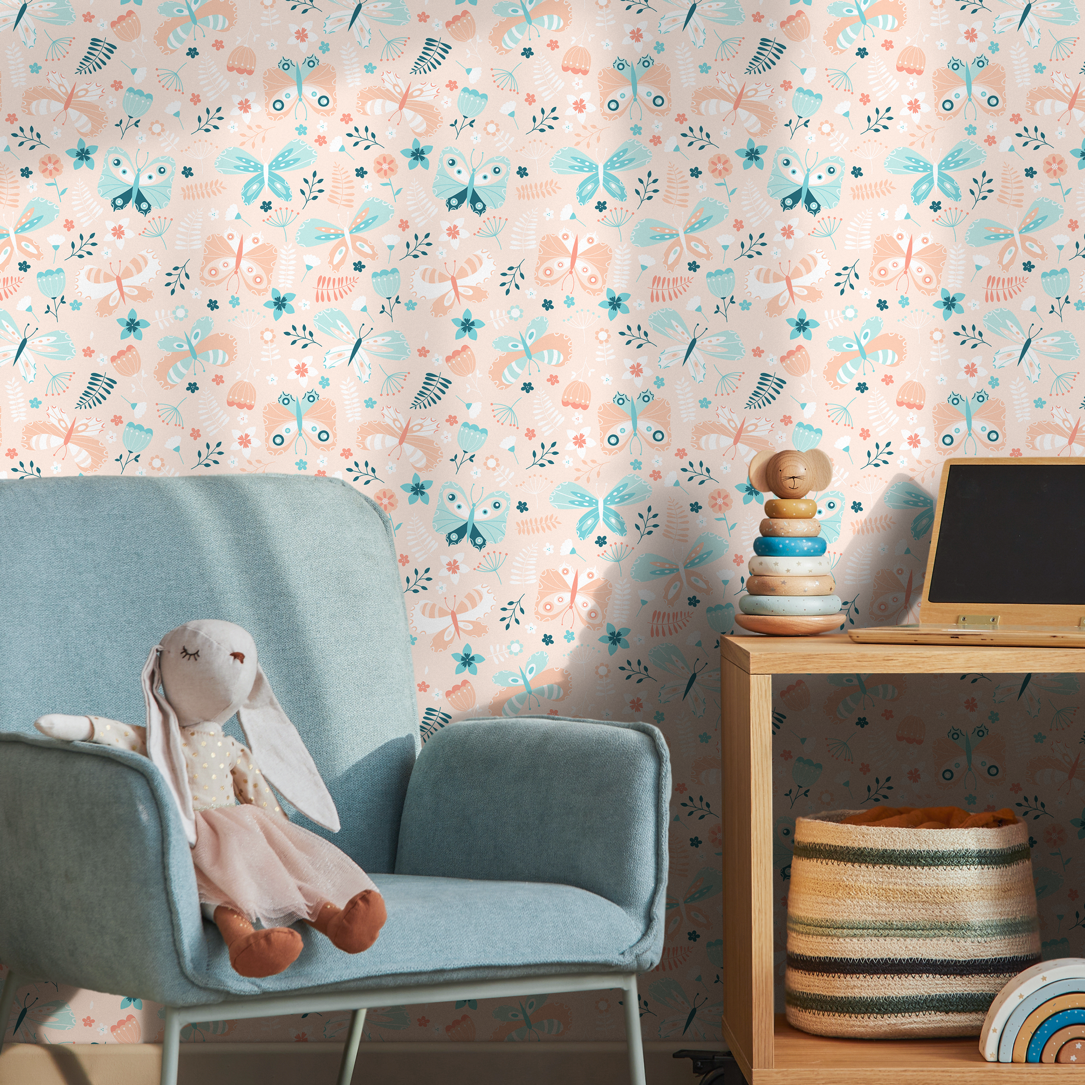 Scandinavian Wallpaper With Folk Art Butterflies In Peach And Teal - C104