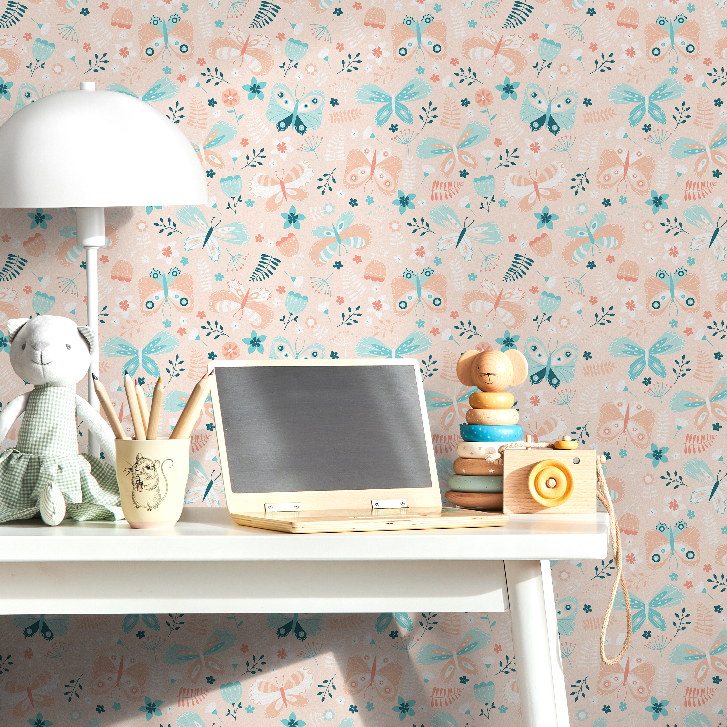 Scandinavian Wallpaper With Folk Art Butterflies In Peach And Teal - C104