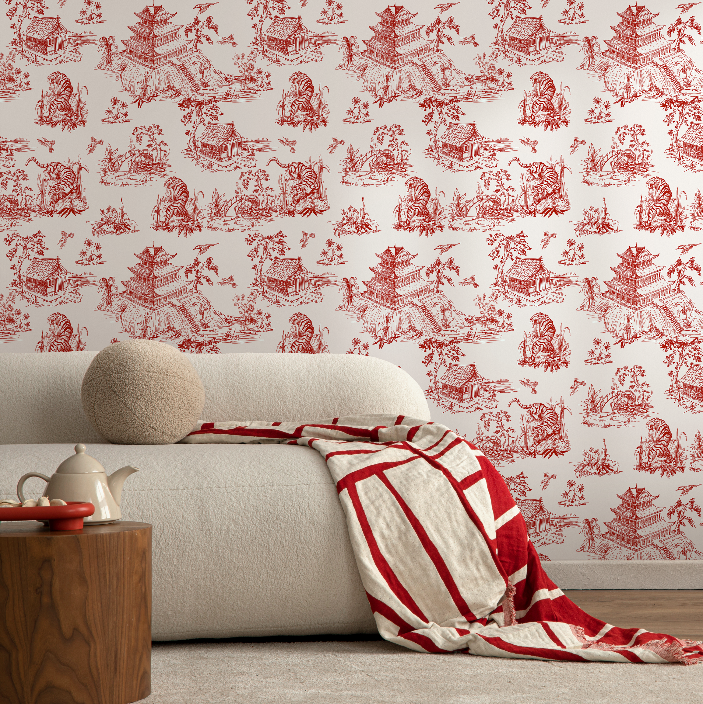 Chinoiserie Wallpaper With A Tiger And Pagoda Toile Motif In Red - C105