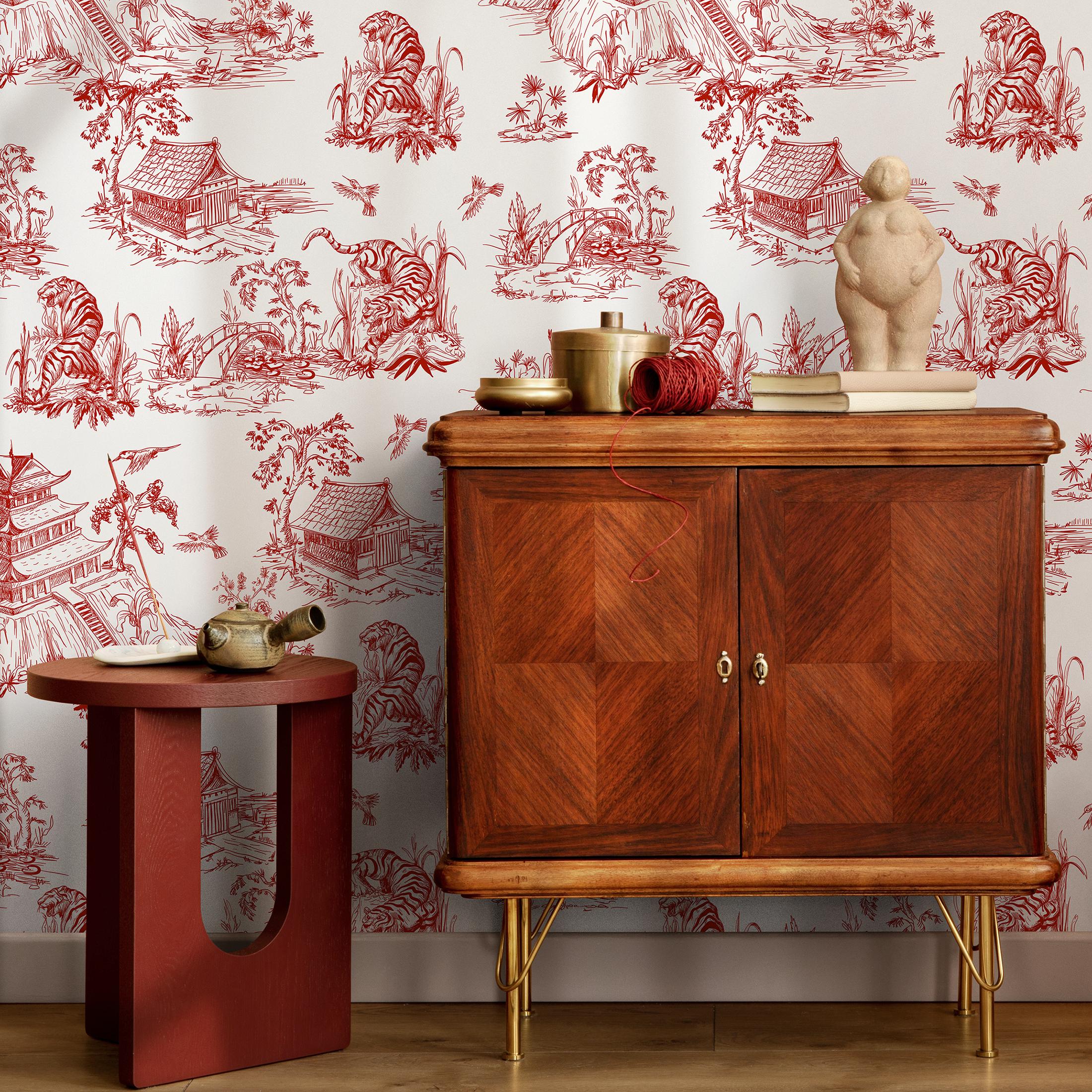 Chinoiserie Wallpaper With A Tiger And Pagoda Toile Motif In Red - C105