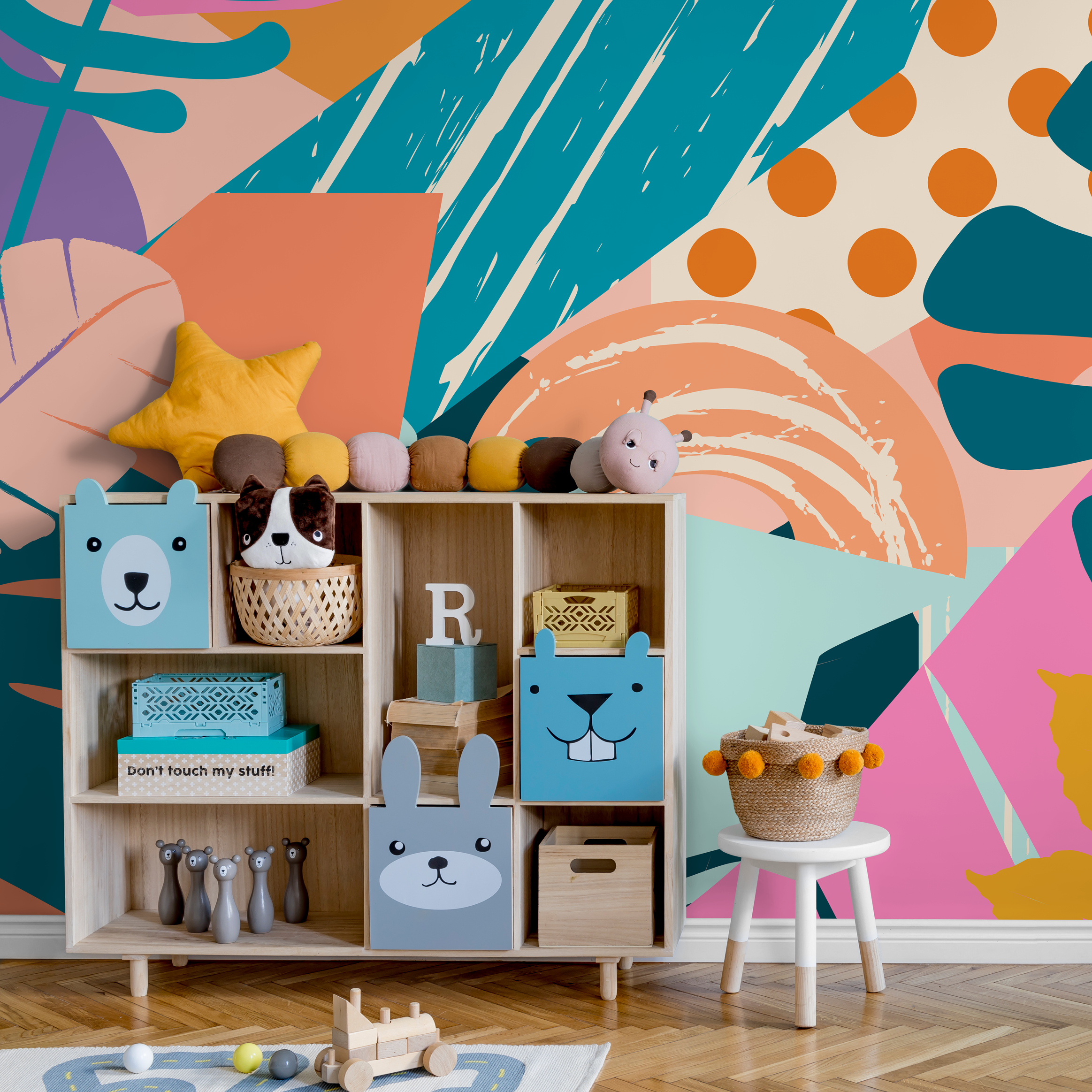 Abstract Wallpaper With A Colorful Collage Of Shapes In Teal, Orange, And Pink - C106