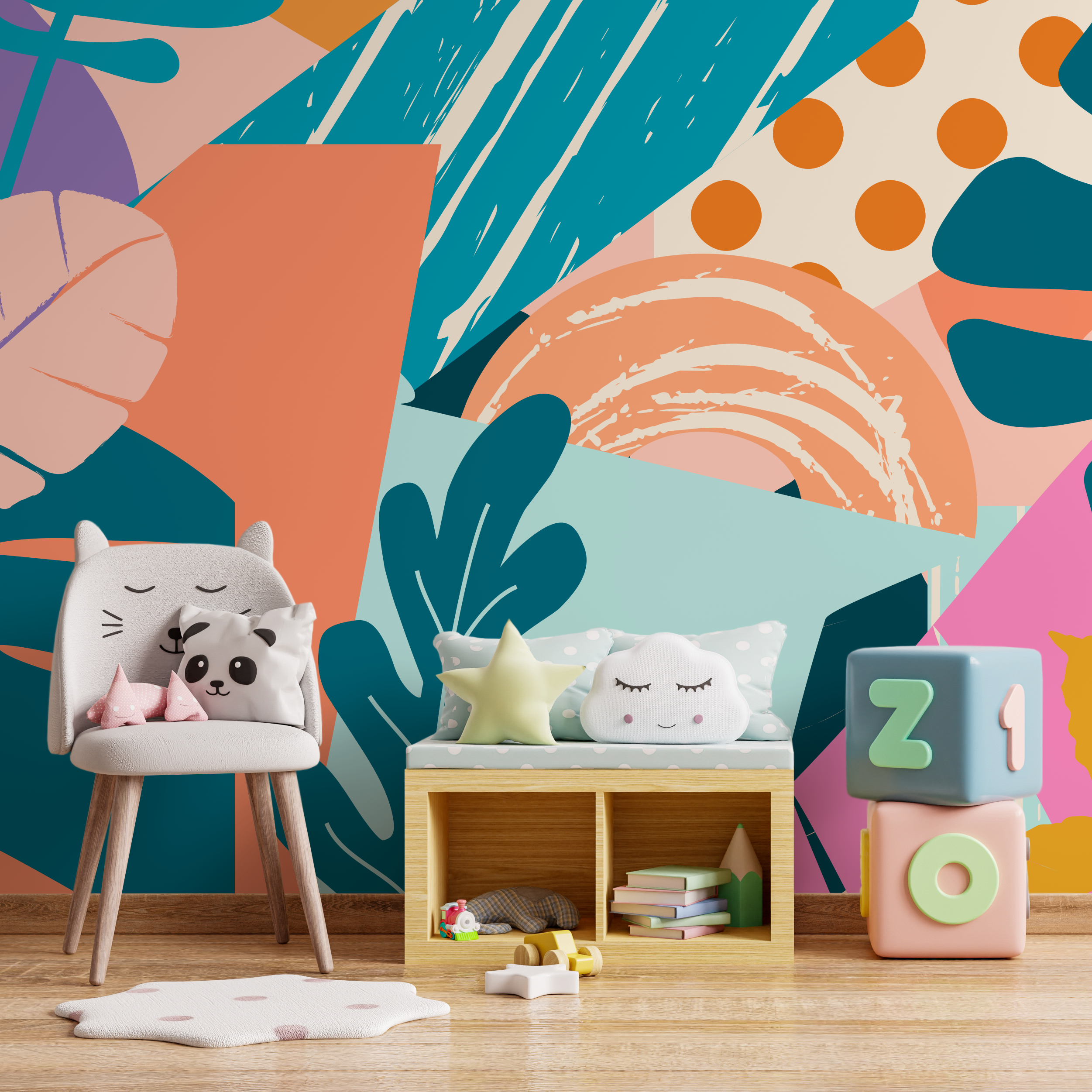 Abstract Wallpaper With A Colorful Collage Of Shapes In Teal, Orange, And Pink - C106