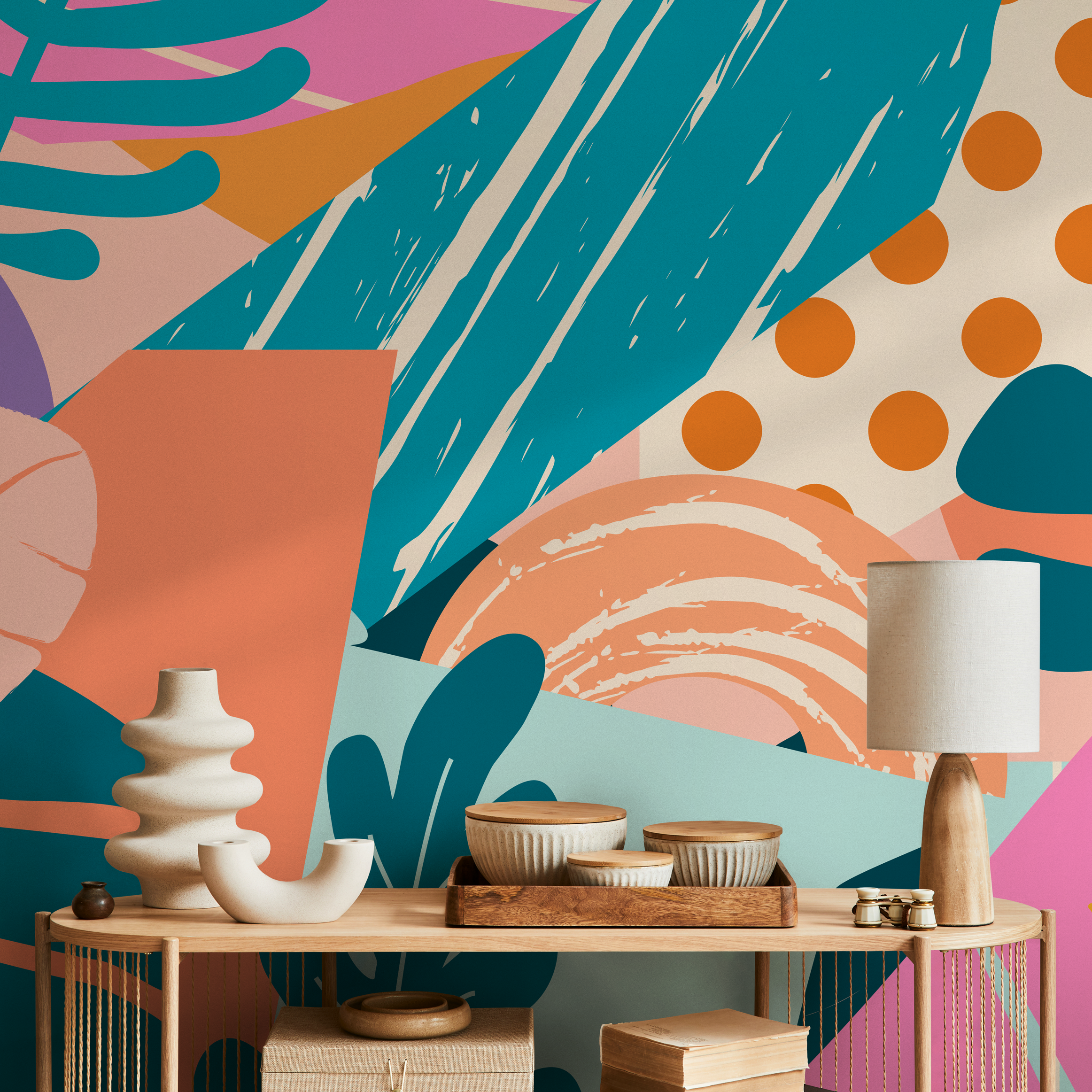Abstract Wallpaper With A Colorful Collage Of Shapes In Teal, Orange, And Pink - C106