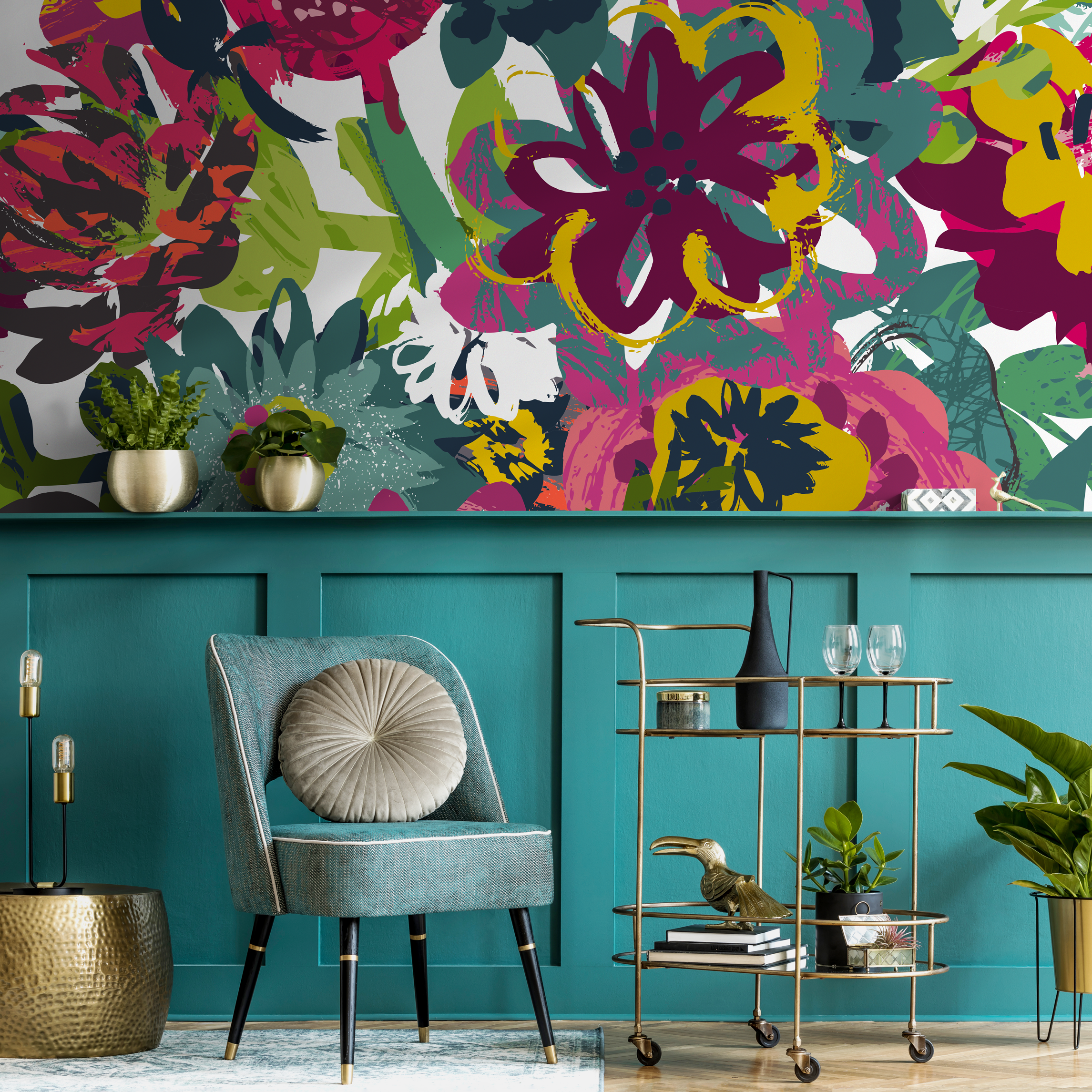 Abstract Floral Wallpaper With A Bold Brushstroke Motif In Magenta, Green, And Yellow - C109