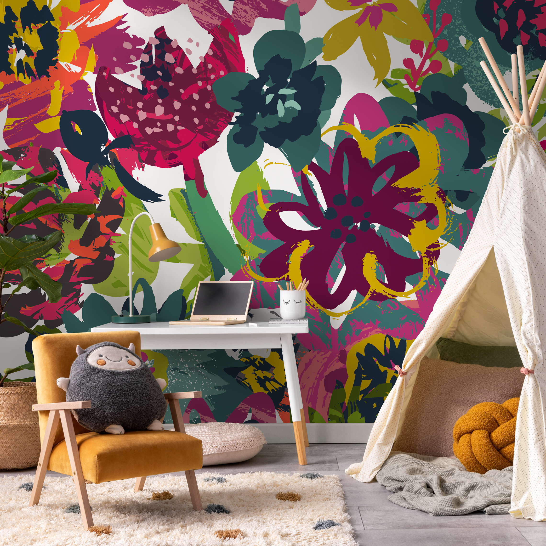 Abstract Floral Wallpaper With A Bold Brushstroke Motif In Magenta, Green, And Yellow - C109