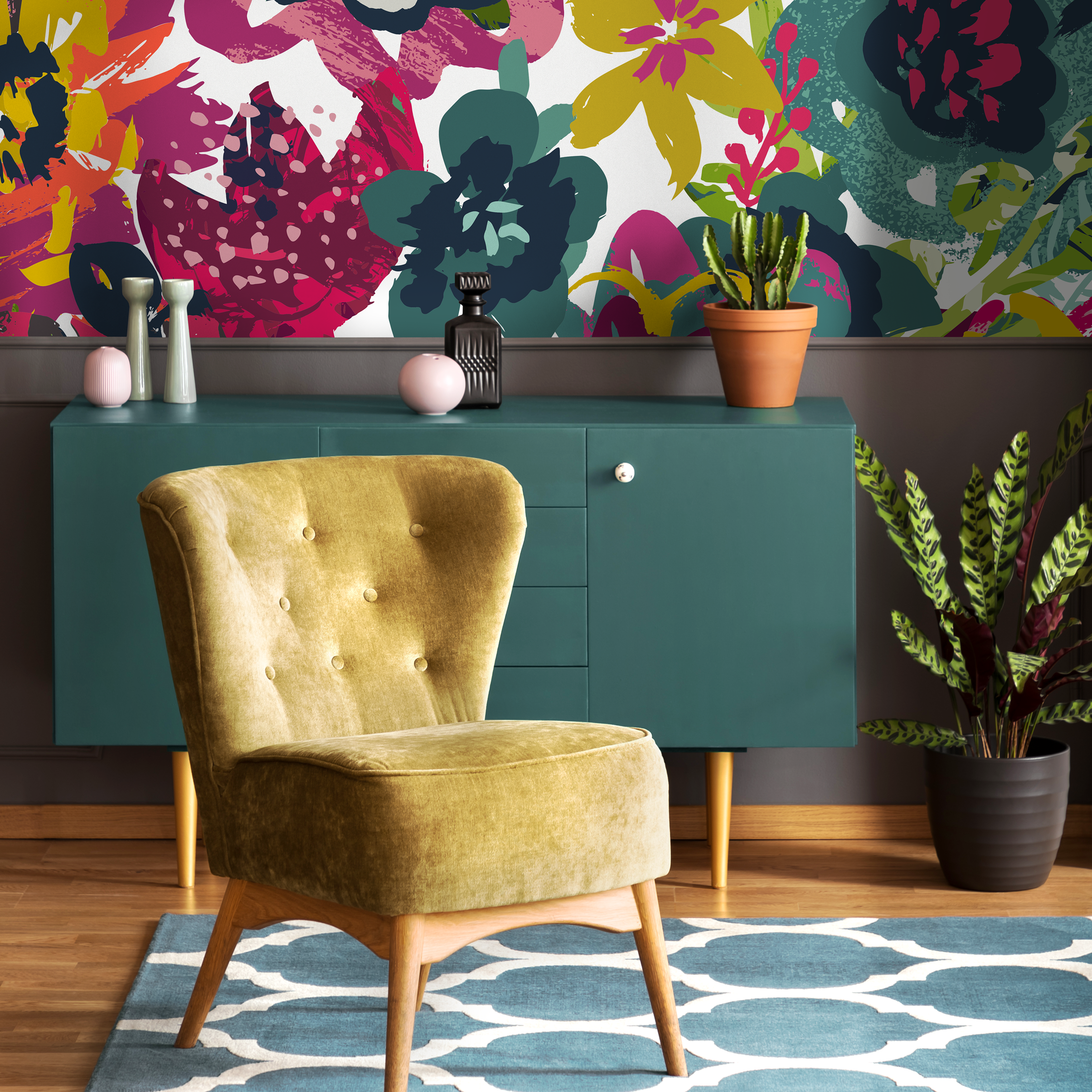 Abstract Floral Wallpaper With A Bold Brushstroke Motif In Magenta, Green, And Yellow - C109