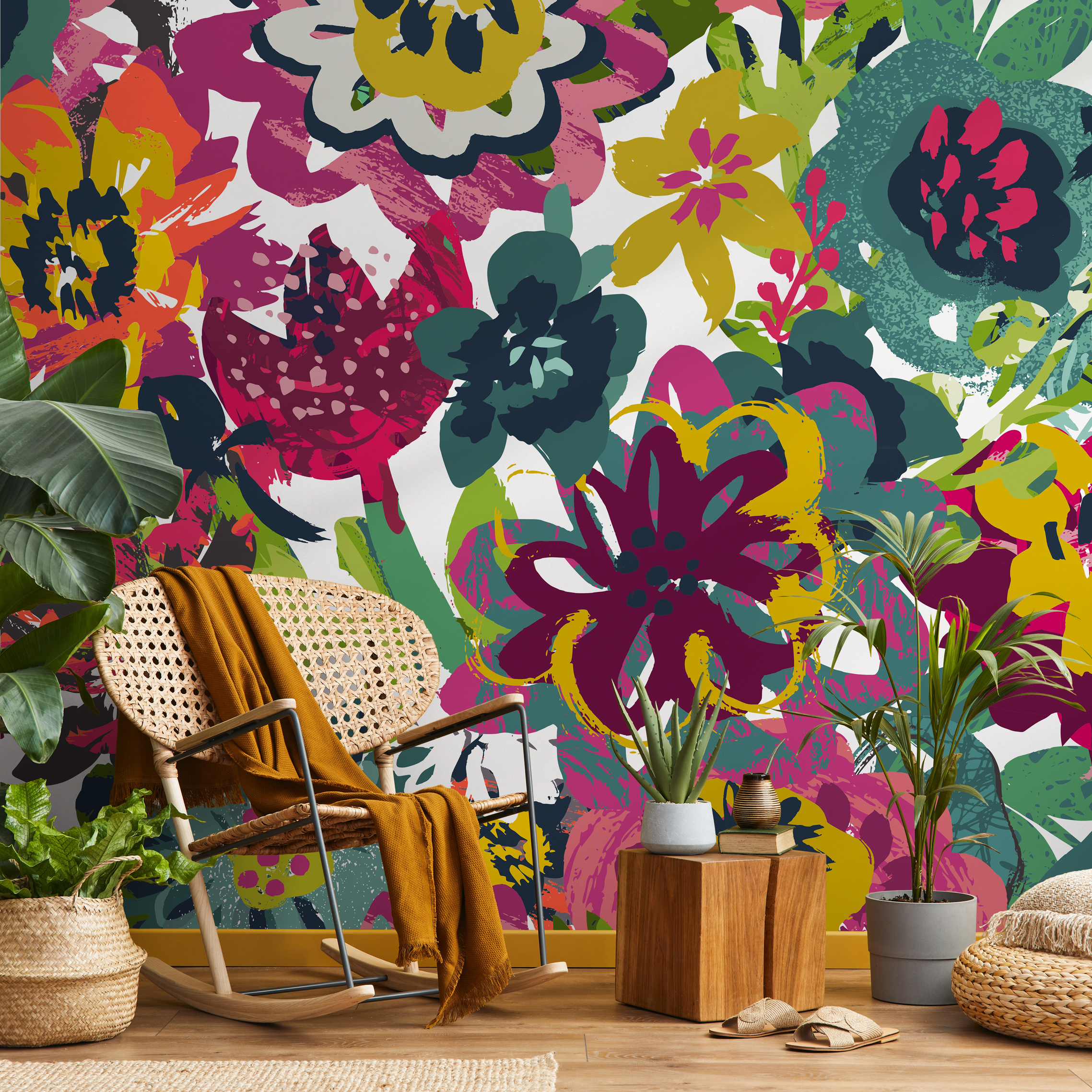 Abstract Floral Wallpaper With A Bold Brushstroke Motif In Magenta, Green, And Yellow - C109