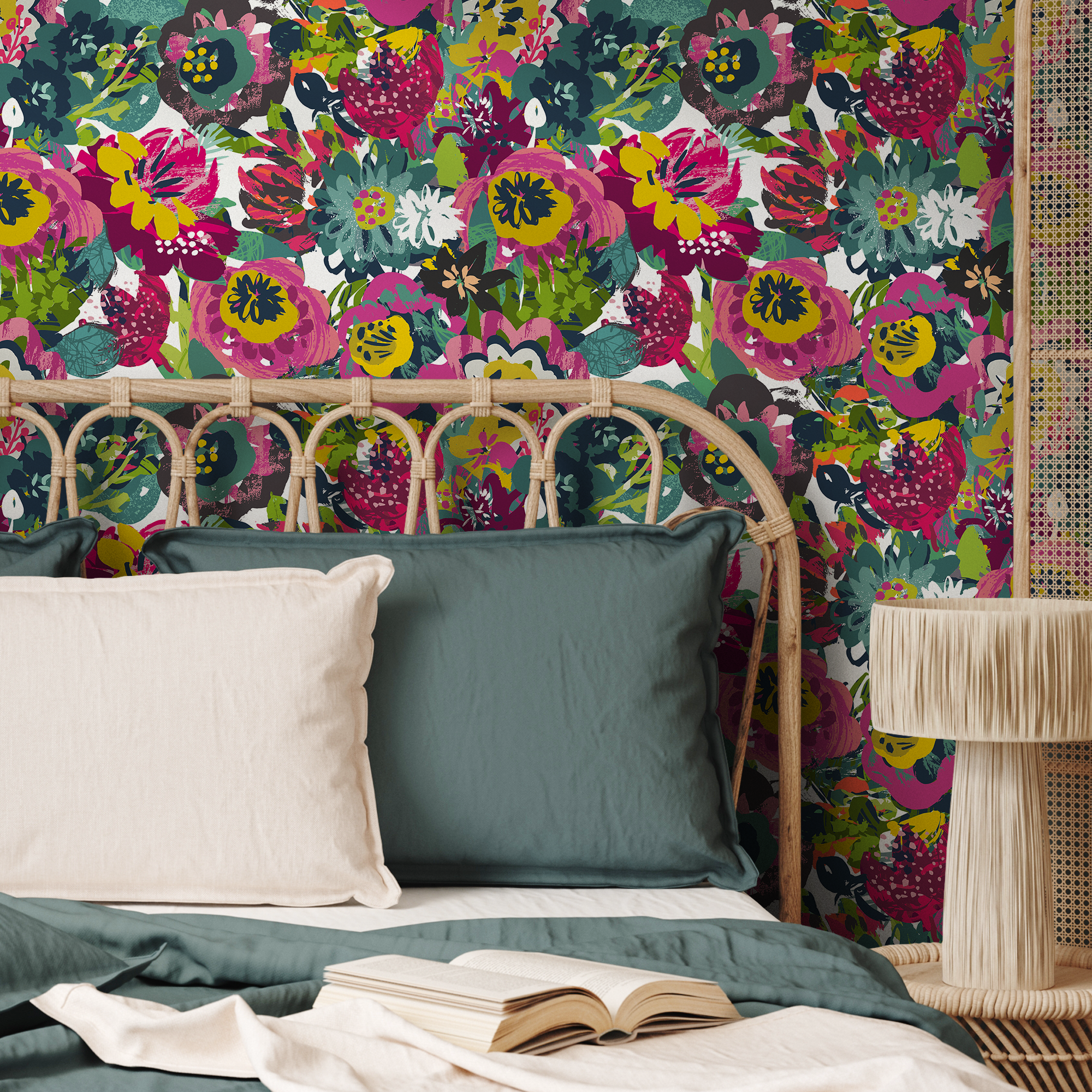 Abstract Floral Wallpaper With A Painterly Motif In Pink, Teal, And Yellow - C110