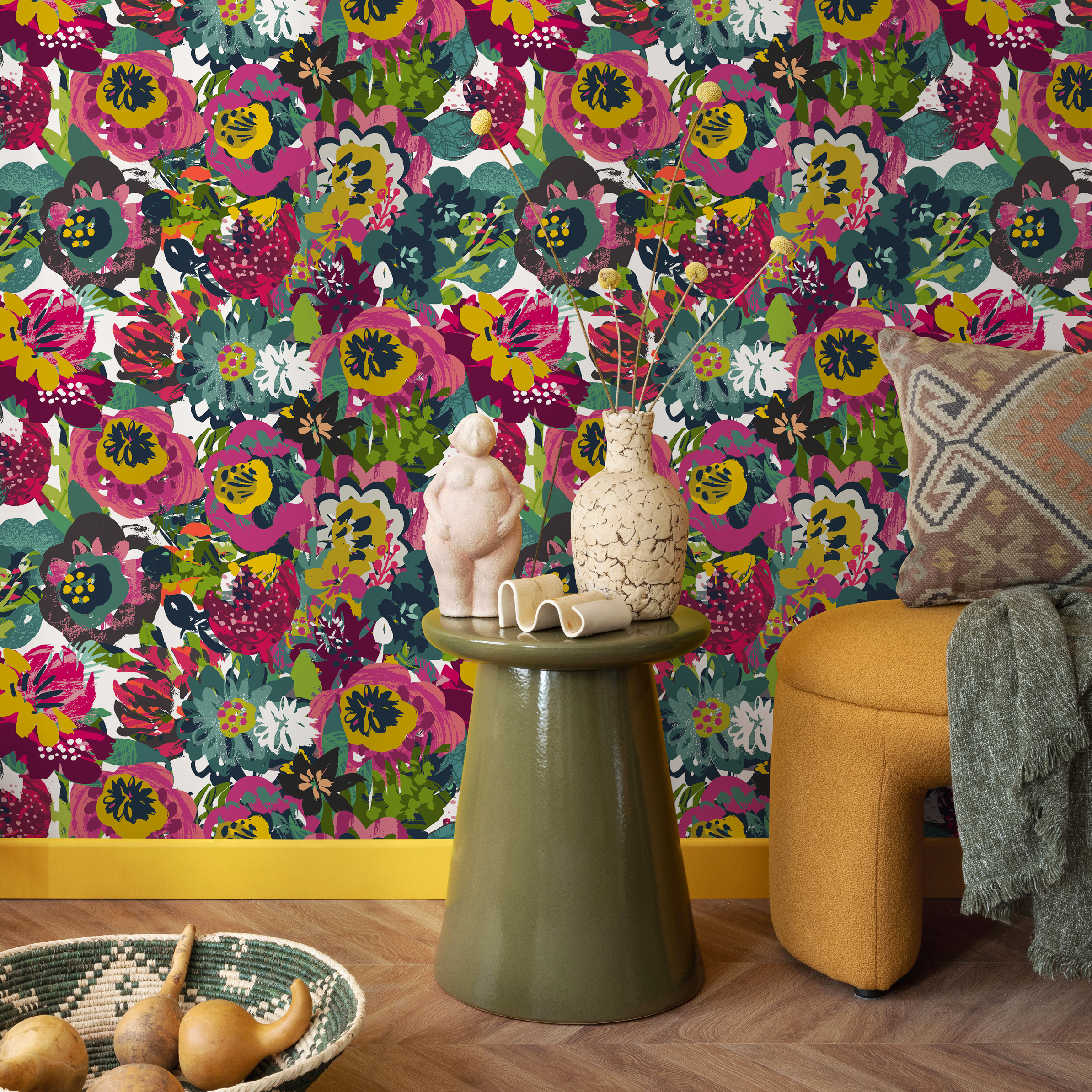 Abstract Floral Wallpaper With A Painterly Motif In Pink, Teal, And Yellow - C110