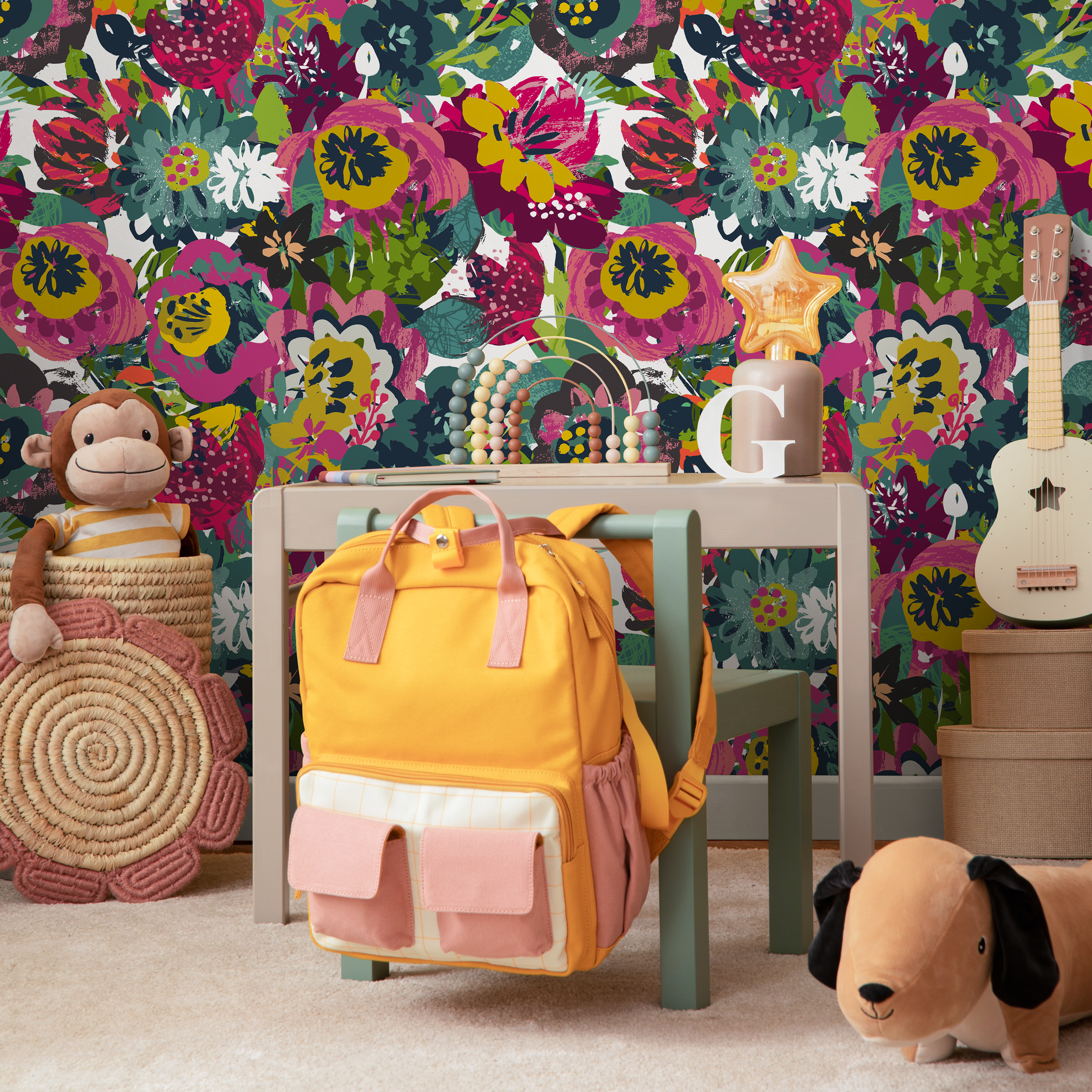 Abstract Floral Wallpaper With A Painterly Motif In Pink, Teal, And Yellow - C110