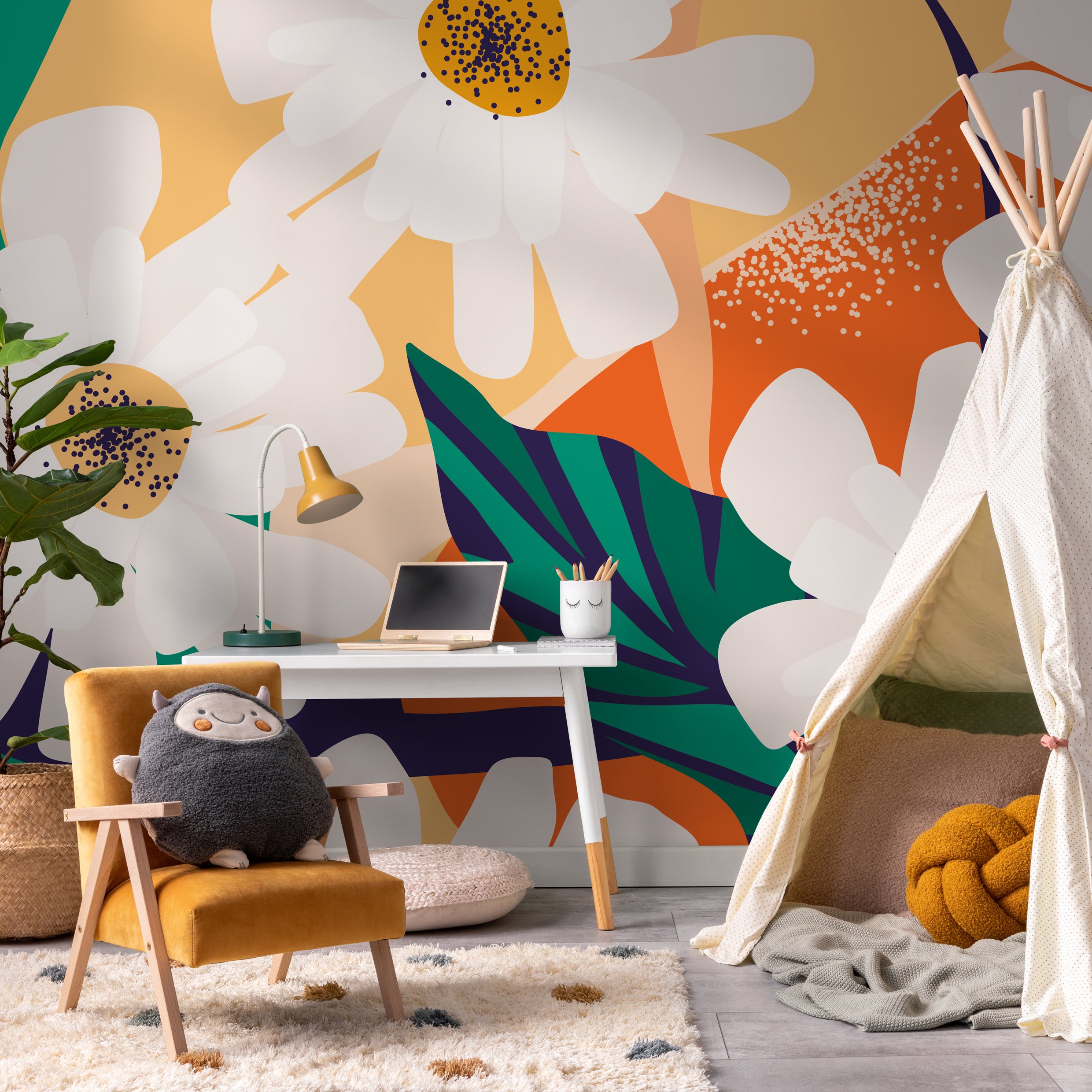 Floral Wallpaper With Large Graphic Daisies In Yellow, Orange, And Green - C111