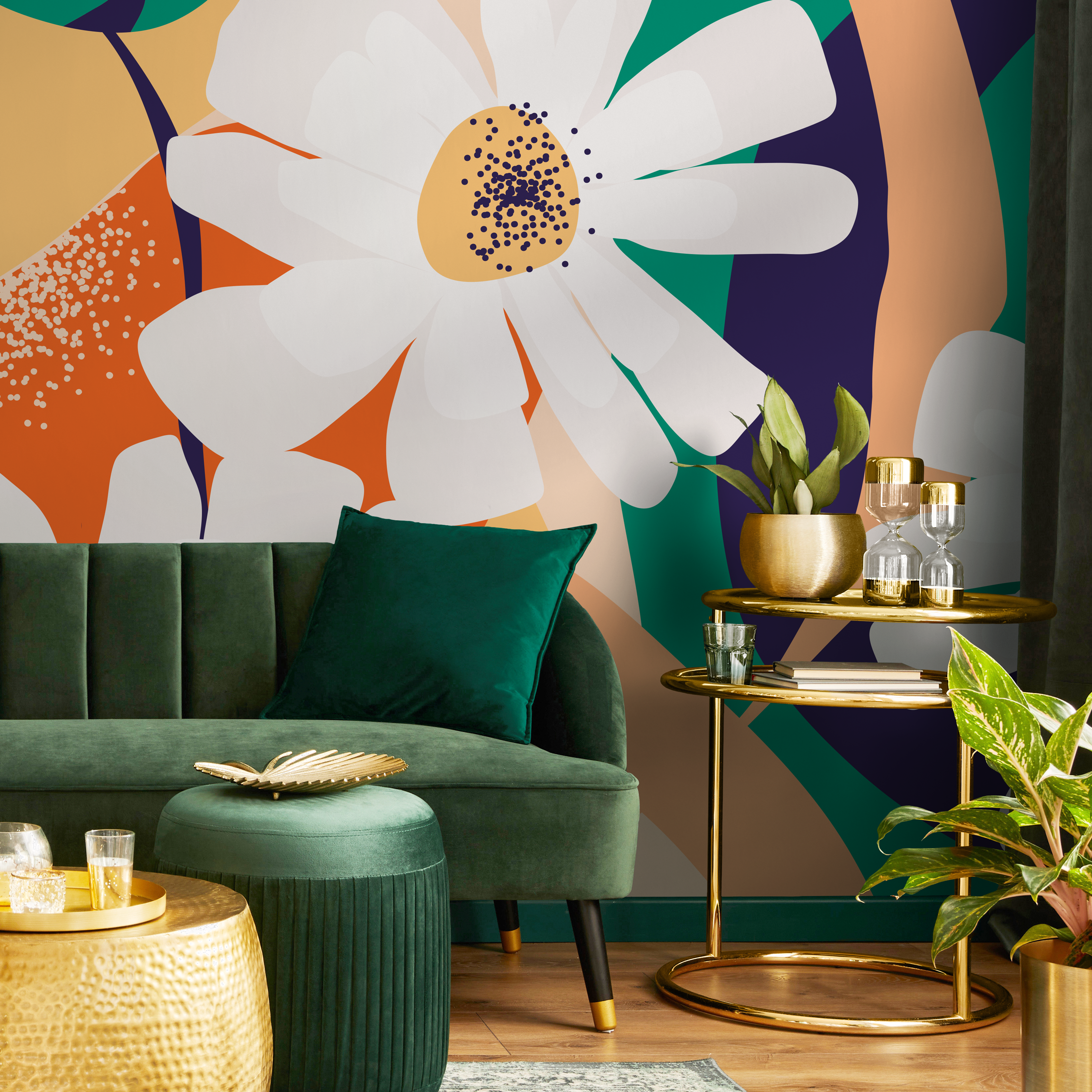 Floral Wallpaper With Large Graphic Daisies In Yellow, Orange, And Green - C111