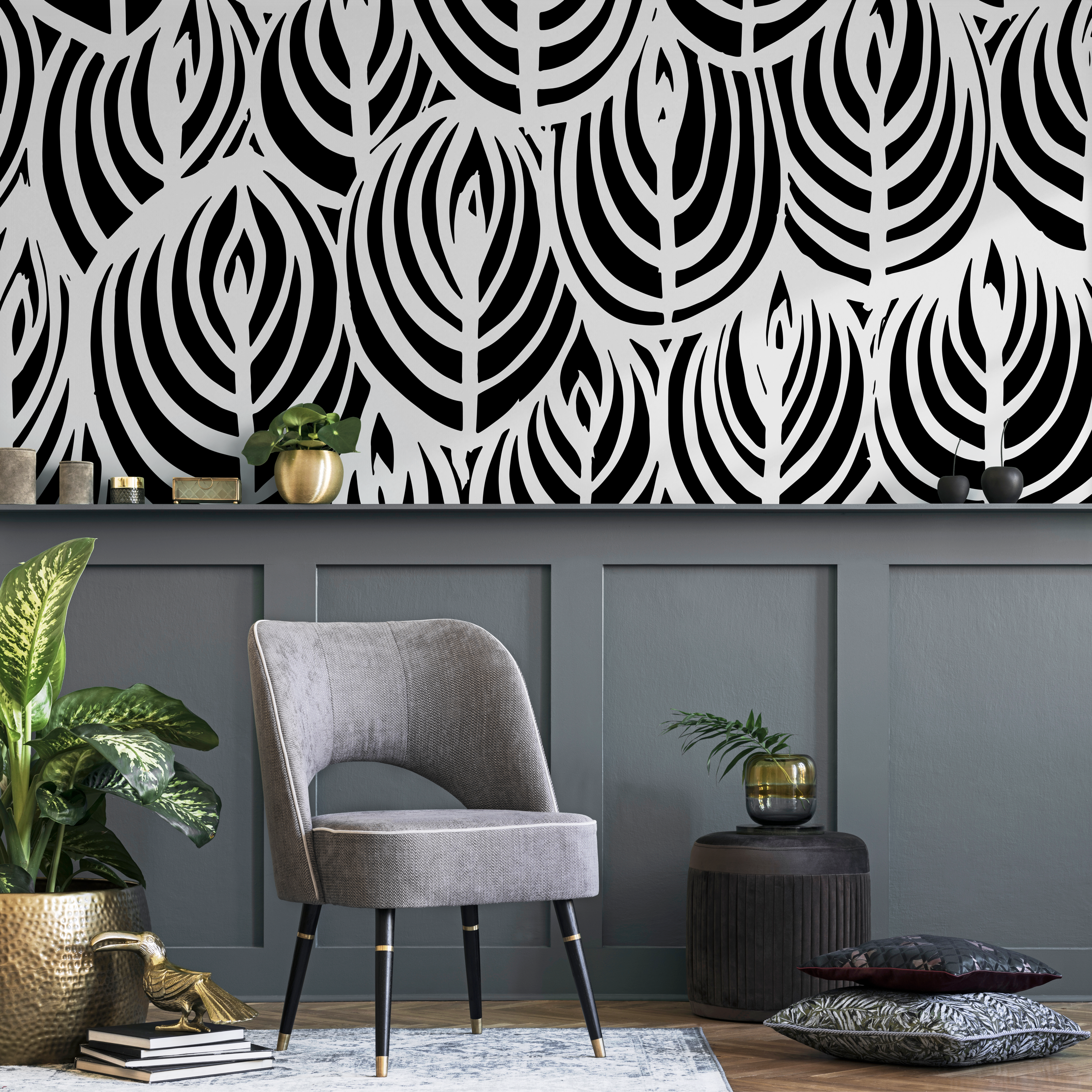 Abstract Wallpaper With An Overlapping Leaf Motif In Black And White - C114