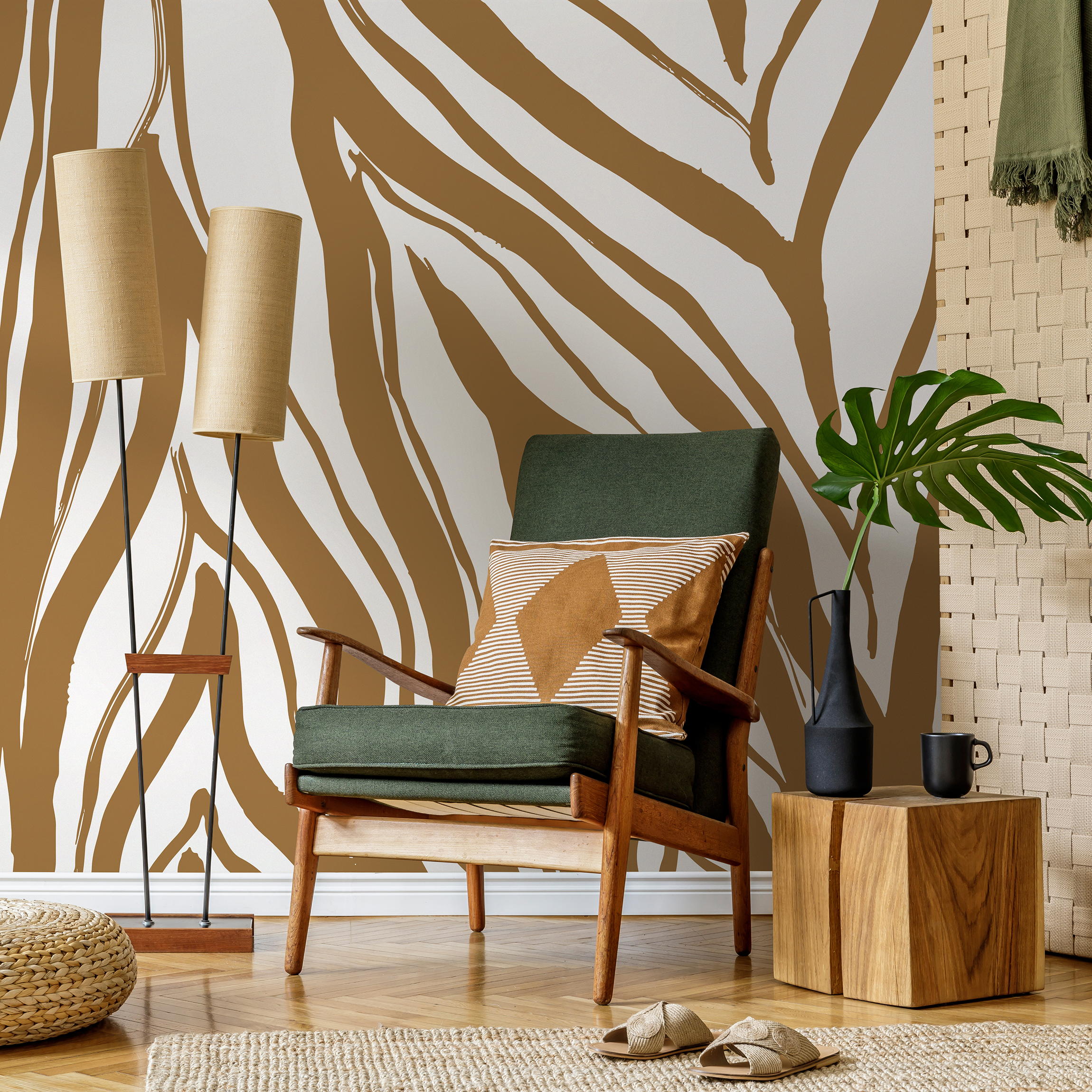 Abstract Wallpaper With Bold Brushstroke Stripes In Brown And White - C115