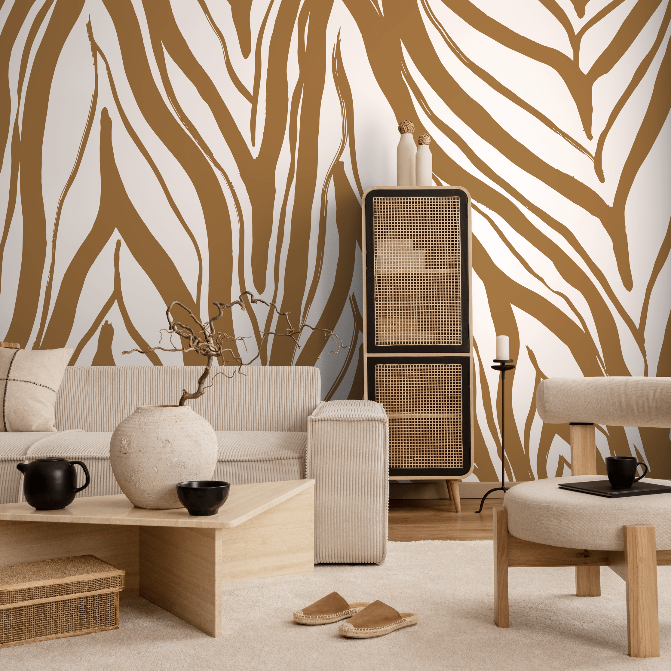 Abstract Wallpaper With Bold Brushstroke Stripes In Brown And White - C115