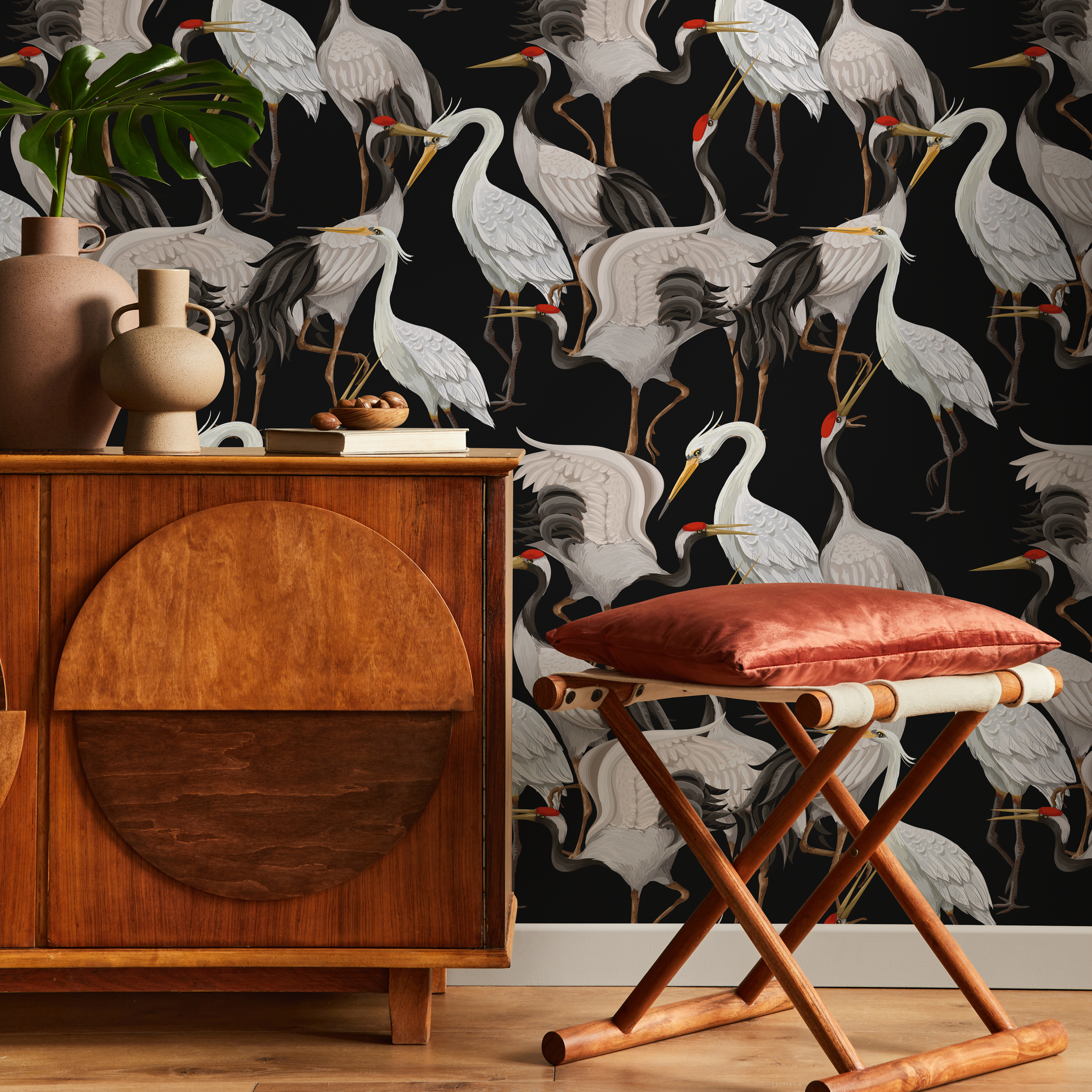 Chinoiserie Wallpaper Featuring Japanese Cranes In Black, White, And Red - C116