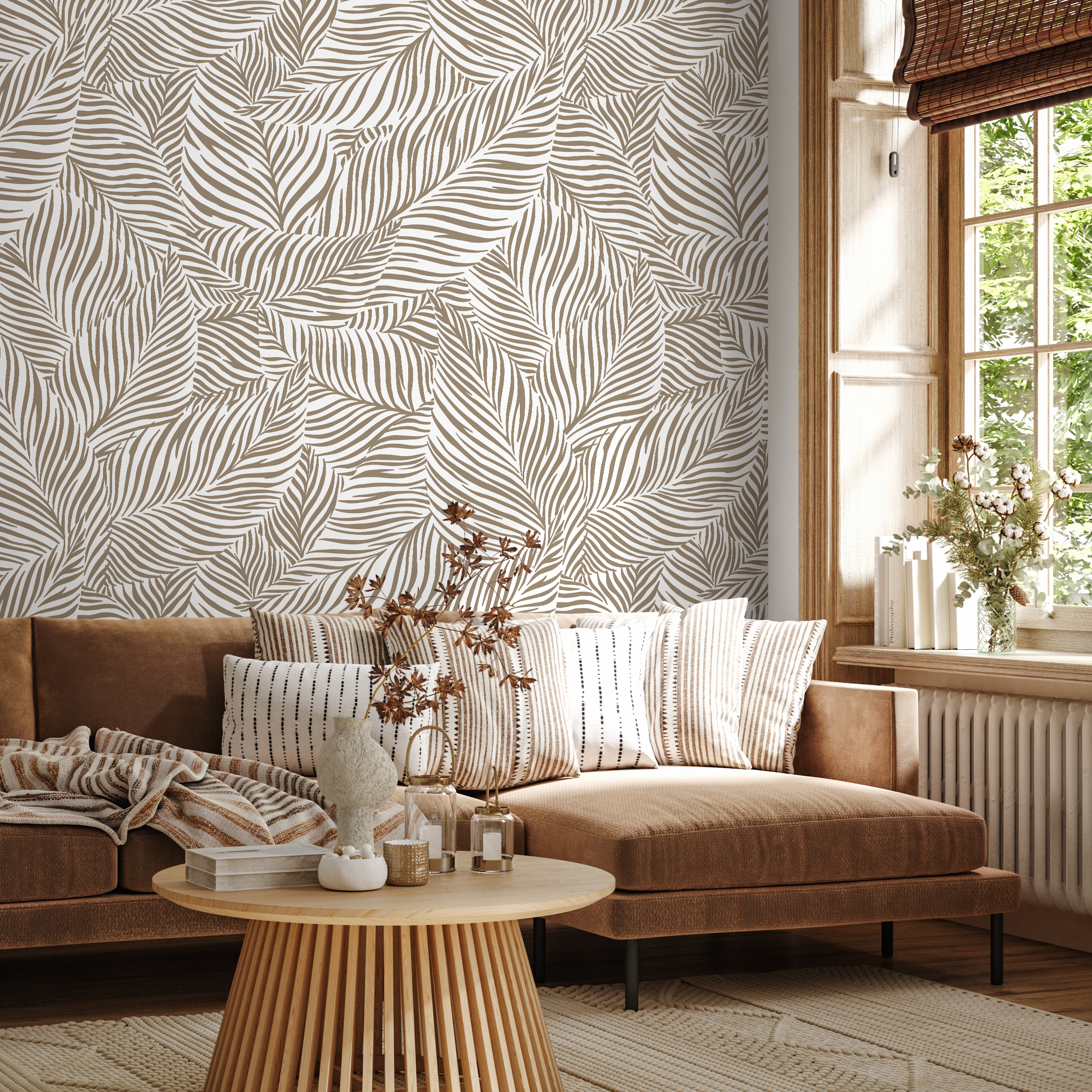 Botanical Wallpaper With A Stylized Palm Leaf Motif In Olive Green - C117