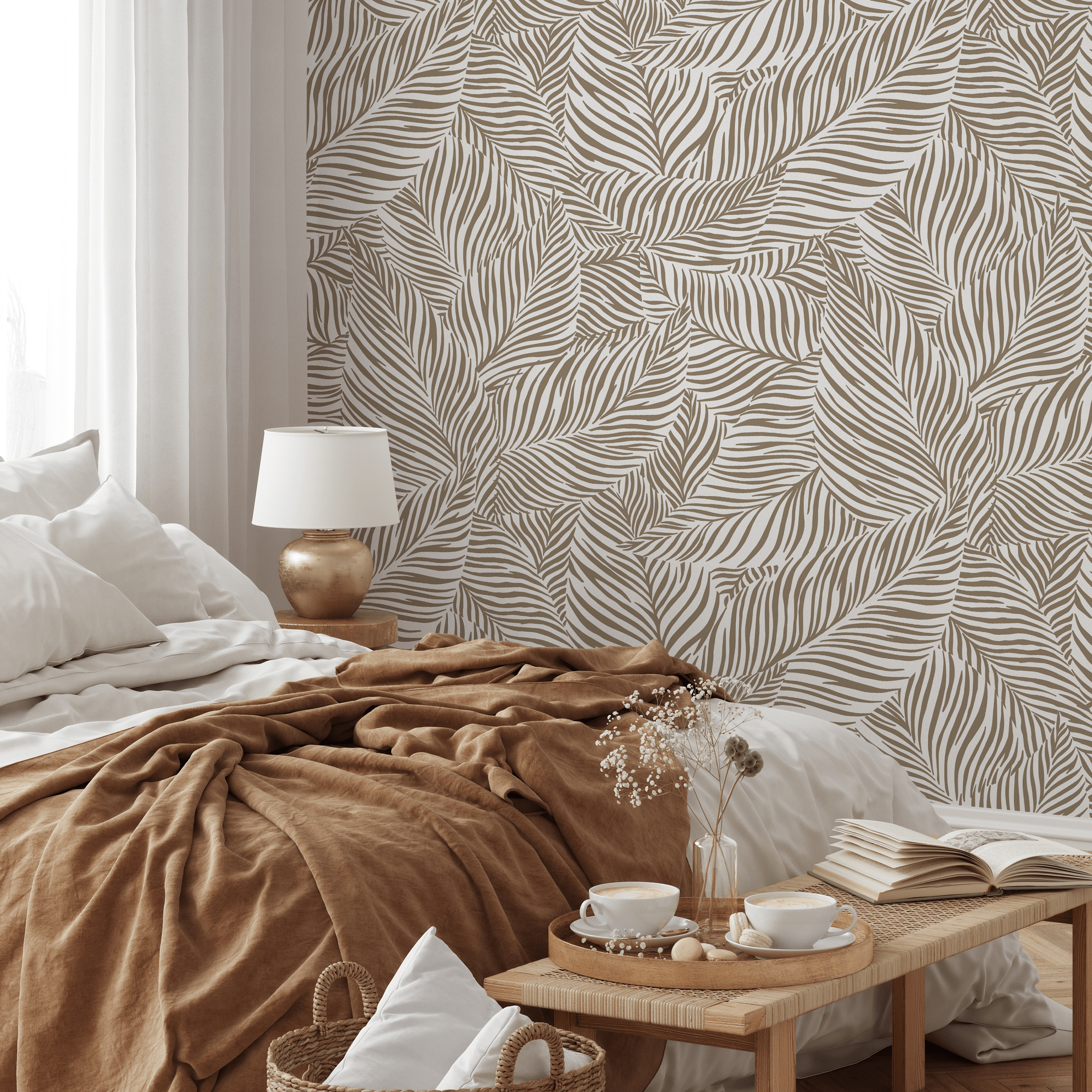 Botanical Wallpaper With A Stylized Palm Leaf Motif In Olive Green - C117