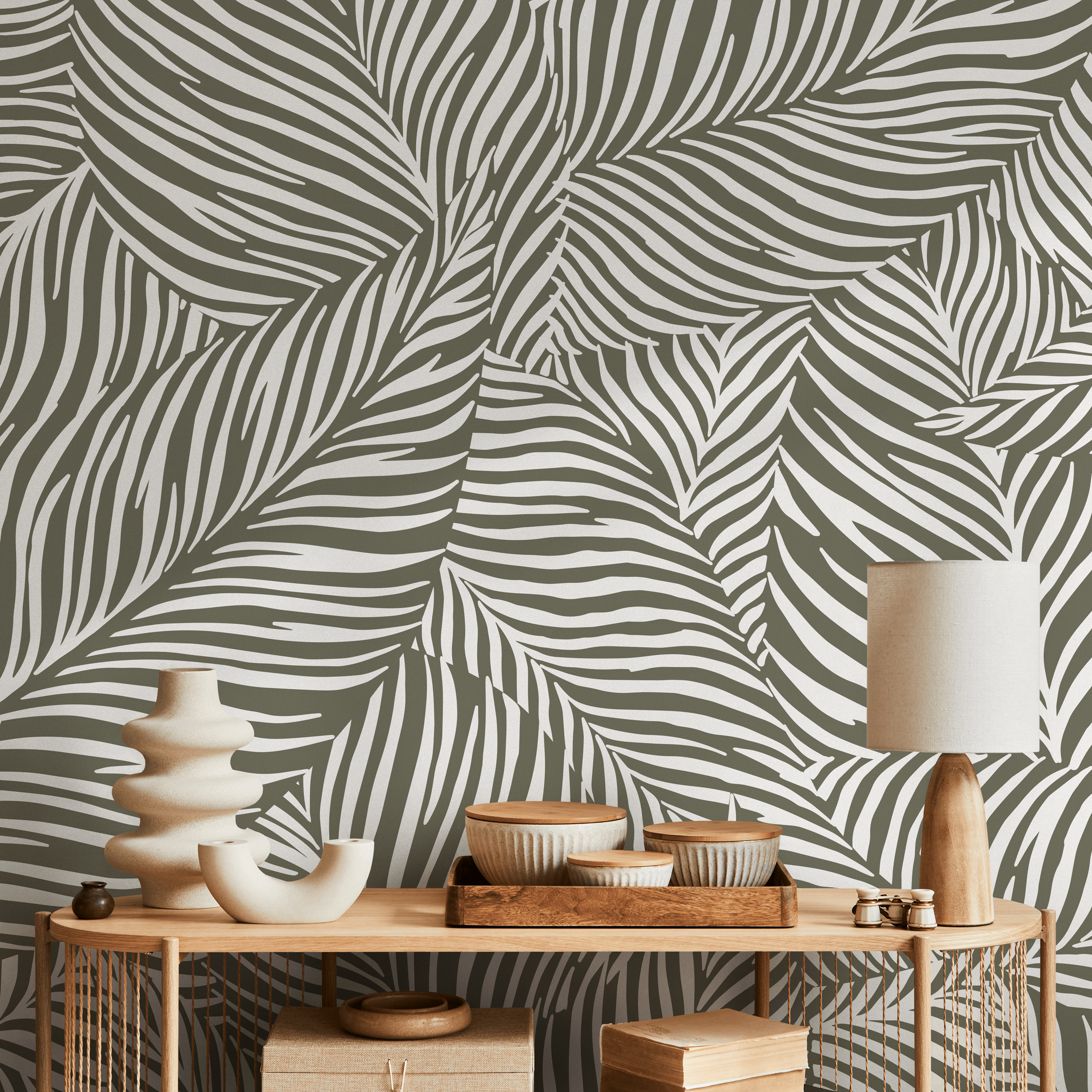 Botanical Wallpaper With A Bold Palm Frond Motif In Green And White - C118