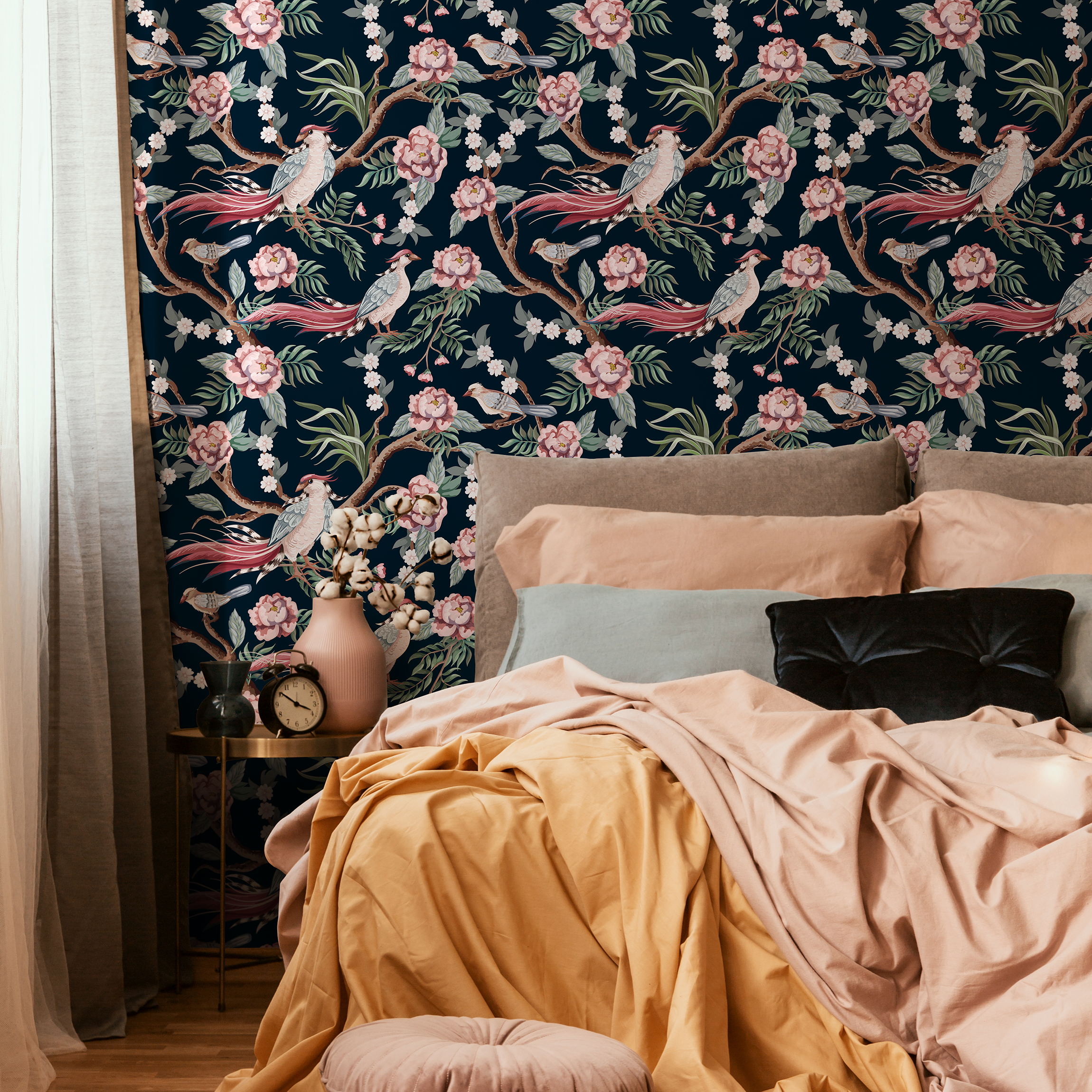 Chinoiserie Wallpaper With Peonies And Birds In Pink, Green, And Red - C121