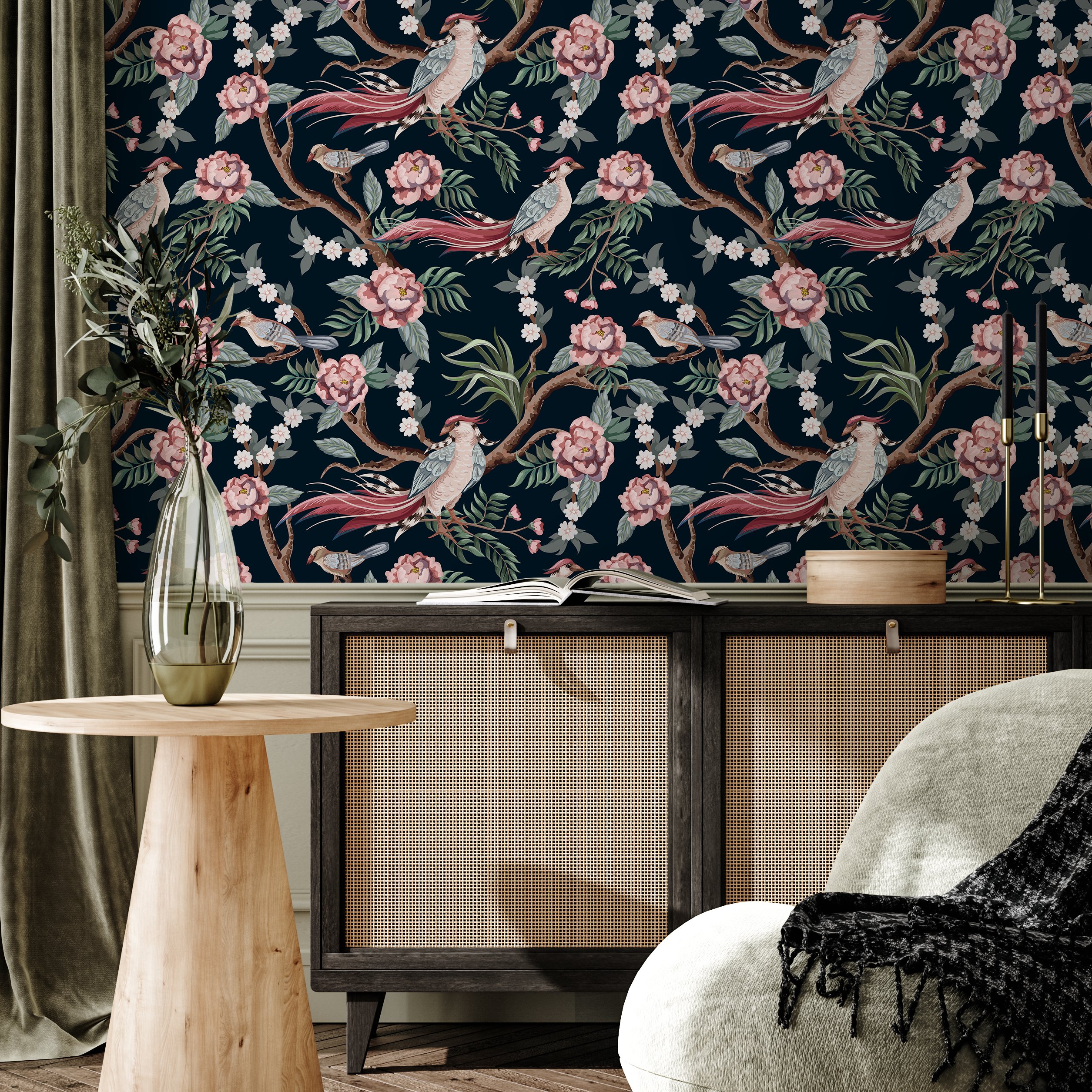 Chinoiserie Wallpaper With Peonies And Birds In Pink, Green, And Red - C121