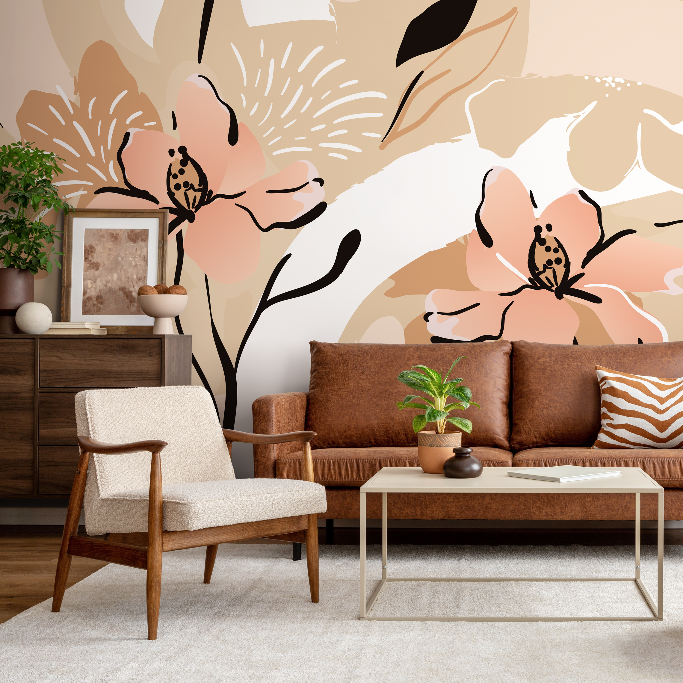Abstract Wallpaper Featuring A Large Stylized Flower In Pink, Beige, And Black - C122
