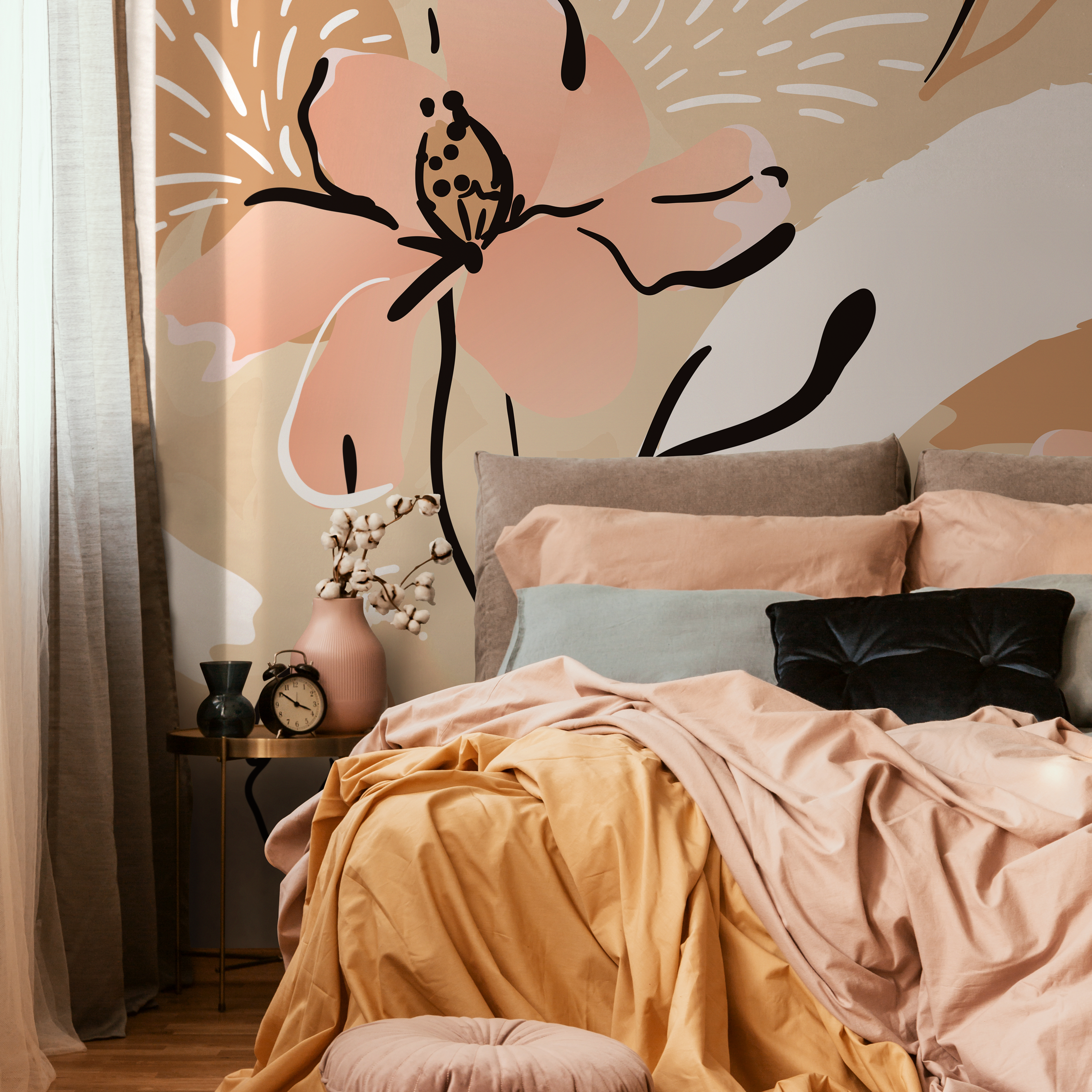 Abstract Wallpaper Featuring A Large Stylized Flower In Pink, Beige, And Black - C122