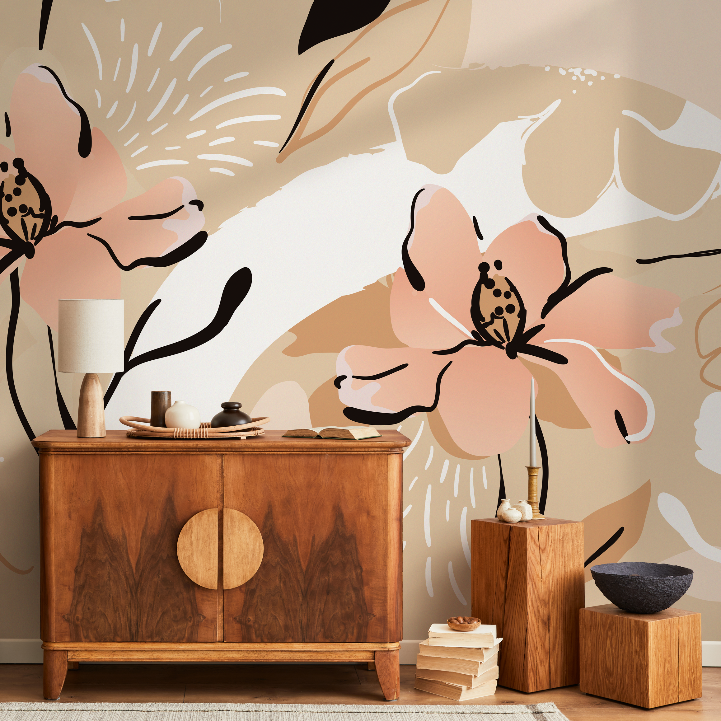 Abstract Wallpaper Featuring A Large Stylized Flower In Pink, Beige, And Black - C122