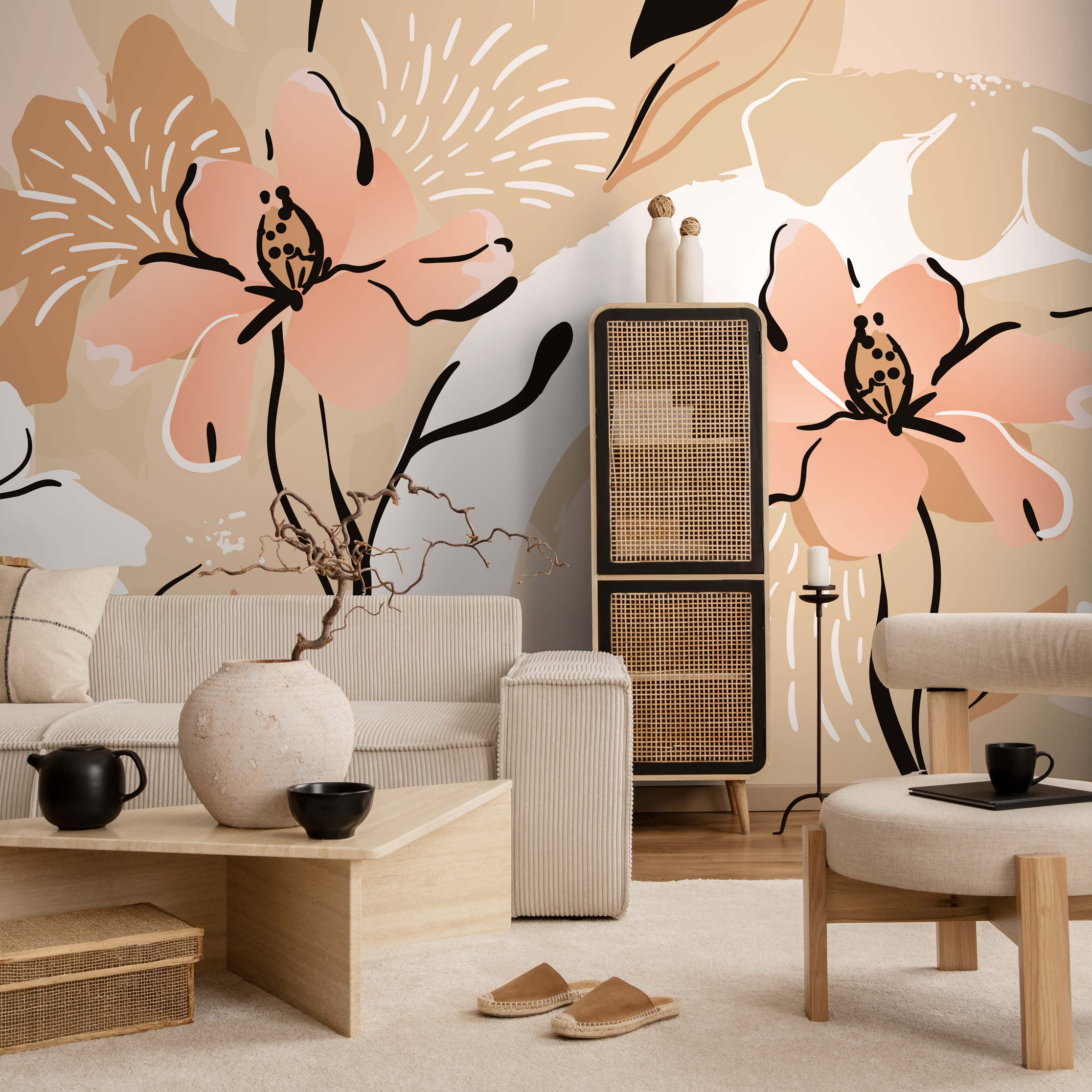Abstract Wallpaper Featuring A Large Stylized Flower In Pink, Beige, And Black - C122